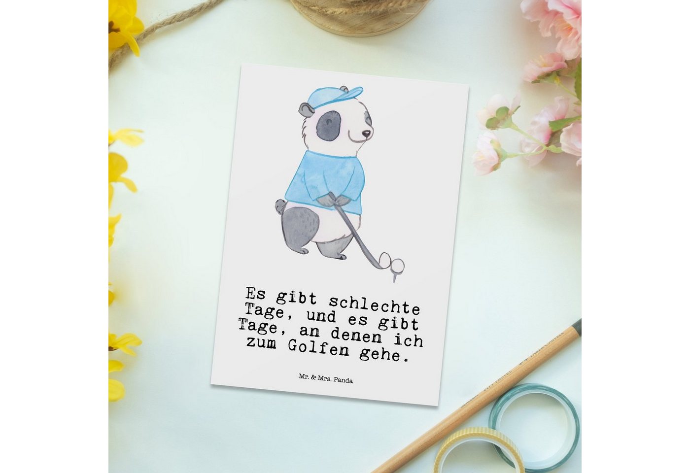 Thumbnail - Mr. & Mrs. Panda Postkarte Panda Golfen - Weiß - Geschenk, Auszeichnung, Ansichtskarte, Karte, G, Glücksmomente teilen