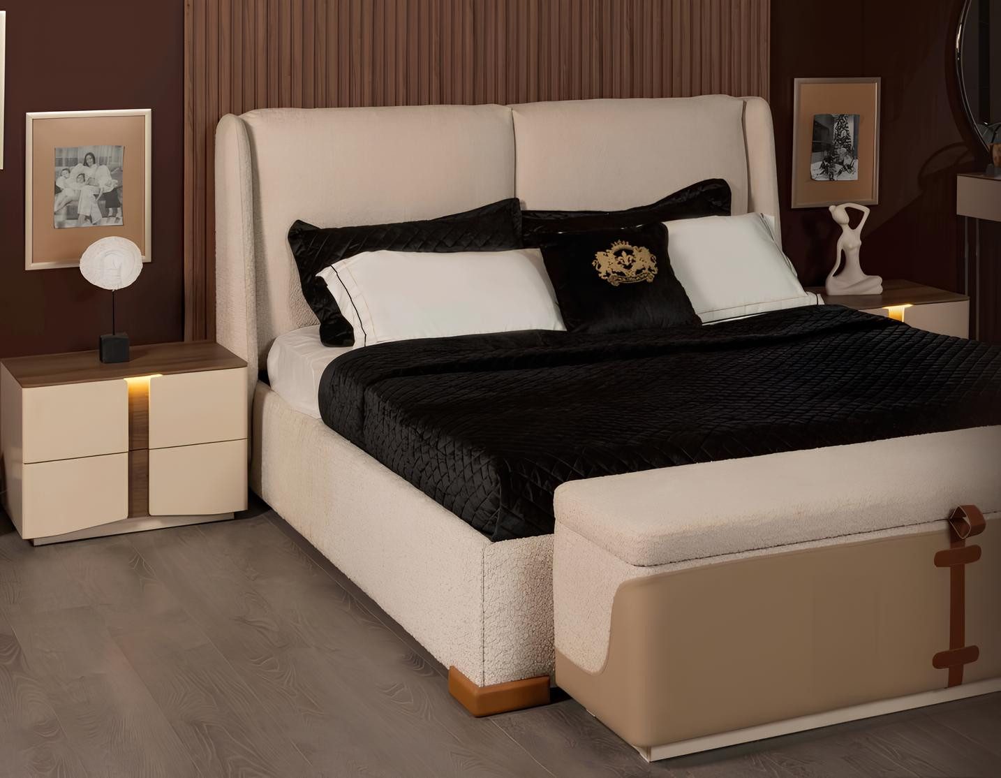 JVmoebel Schlafzimmer-Set JVMoebel Beige Schlafzimmer Garnitur aus hochwertigem Holz, (4-tlg), Made in Europa