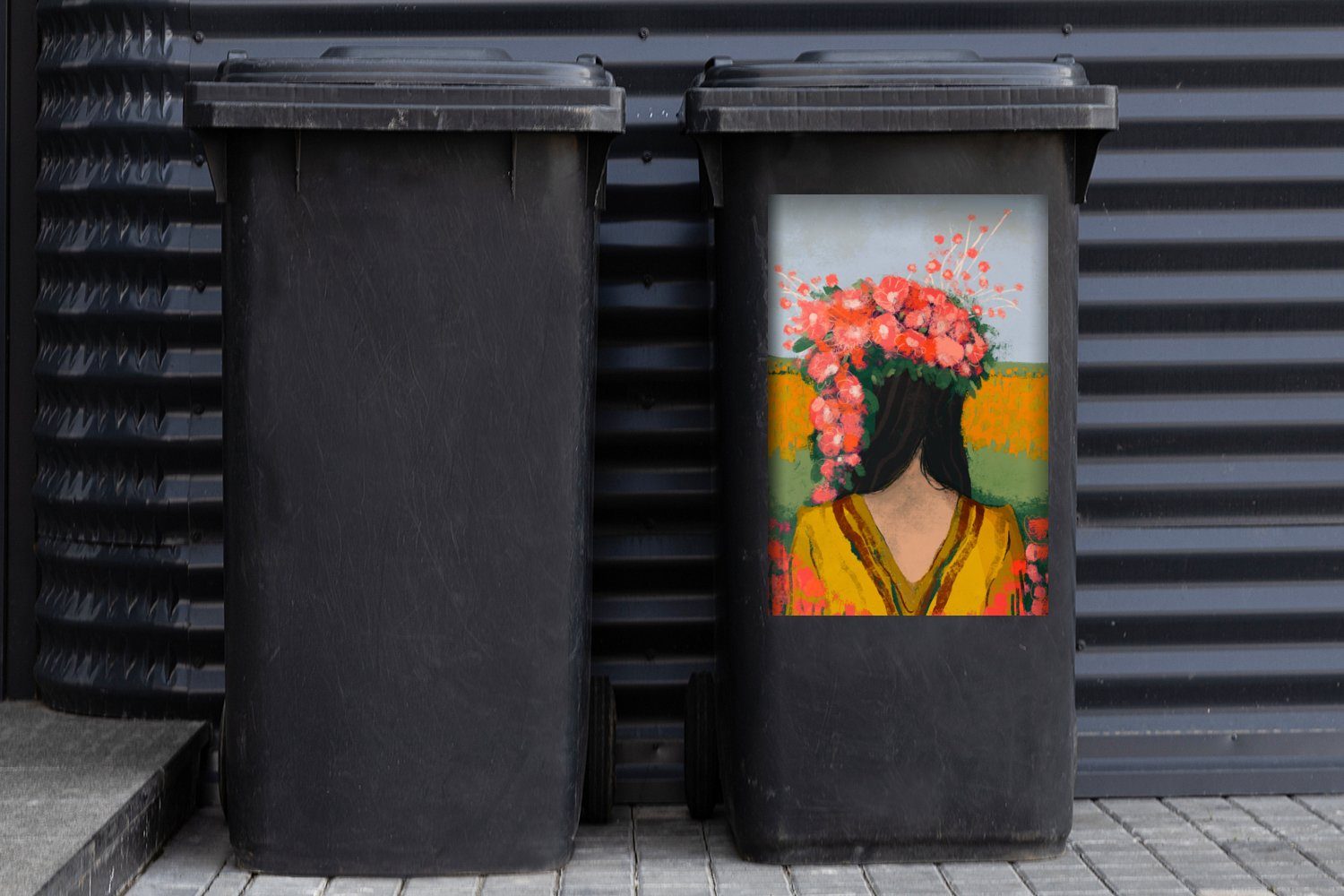 MuchoWow Wandsticker Mülleimer-aufkleber, (1 - Frau Mülltonne, - Container, St), - Sticker, Abfalbehälter Blumen Porträt Rot