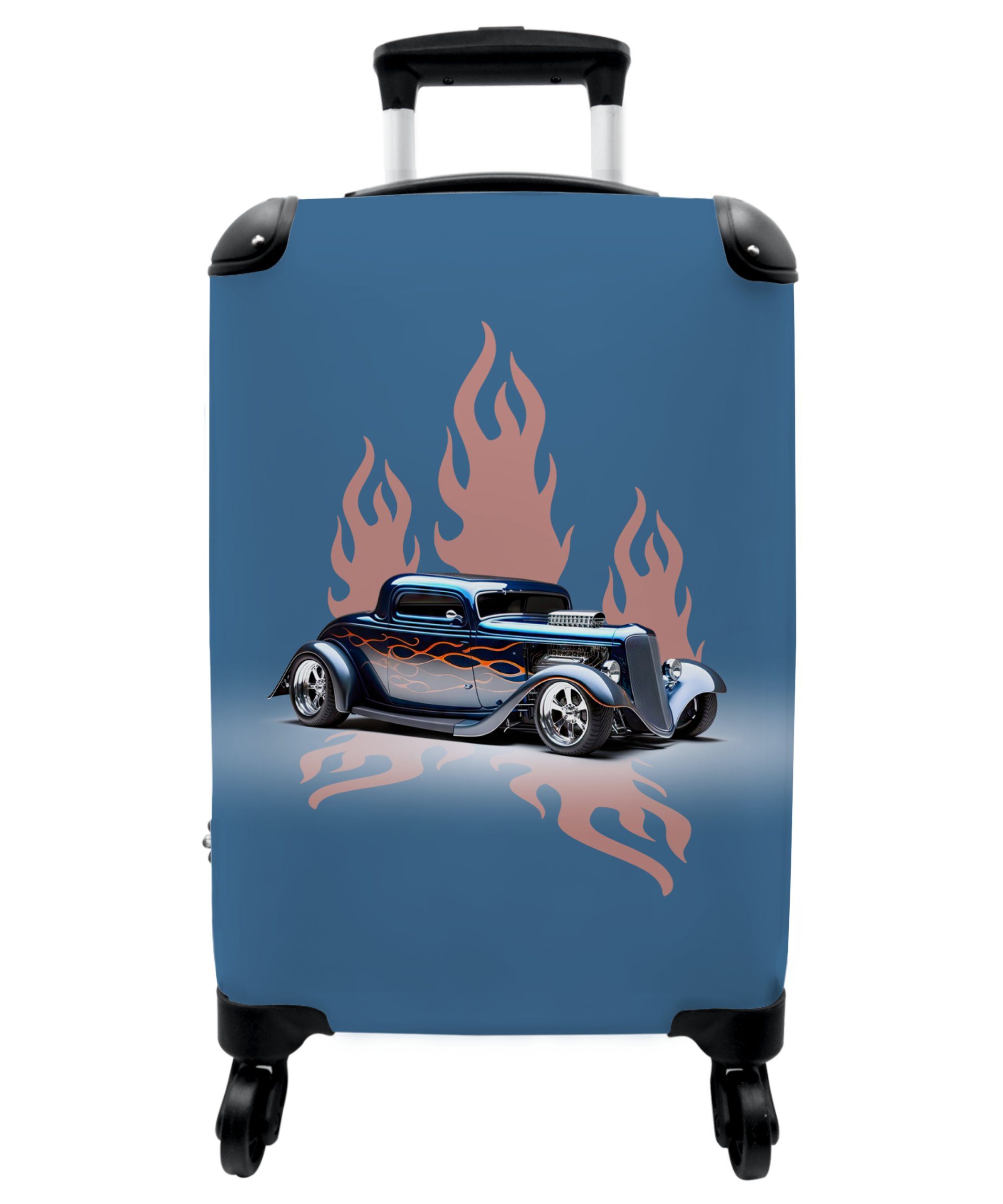 NoBoringSuitcases.com© Kinderkoffer 55x35x20cm Auto - Blau - Flammen - Vintage, 4 Rollen, Kindertrolley, Handgepäck, Reisekoffer für Jungen
