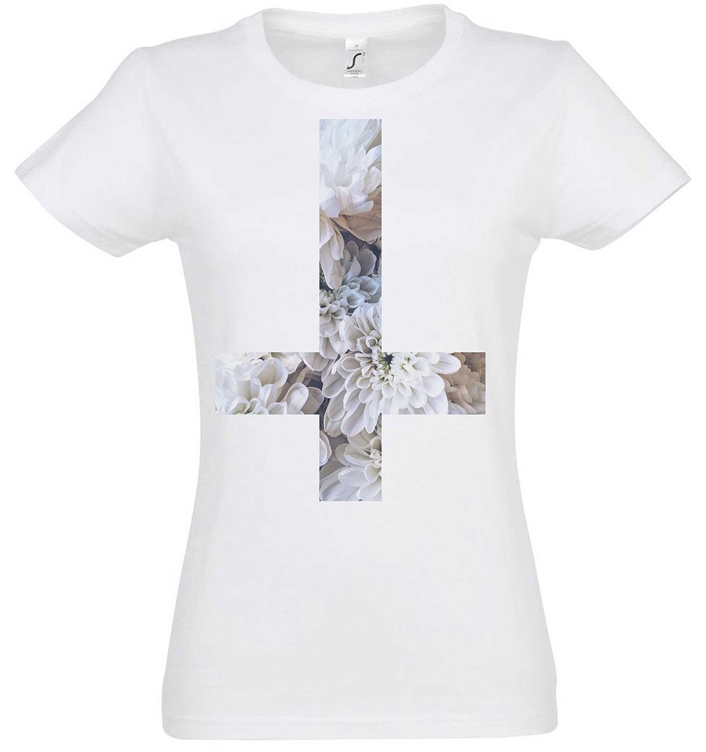 Print-Shirt Inverted Flower Cross Damen T-Shirt Umgedrehtes Kreuz Symbol Pentagram