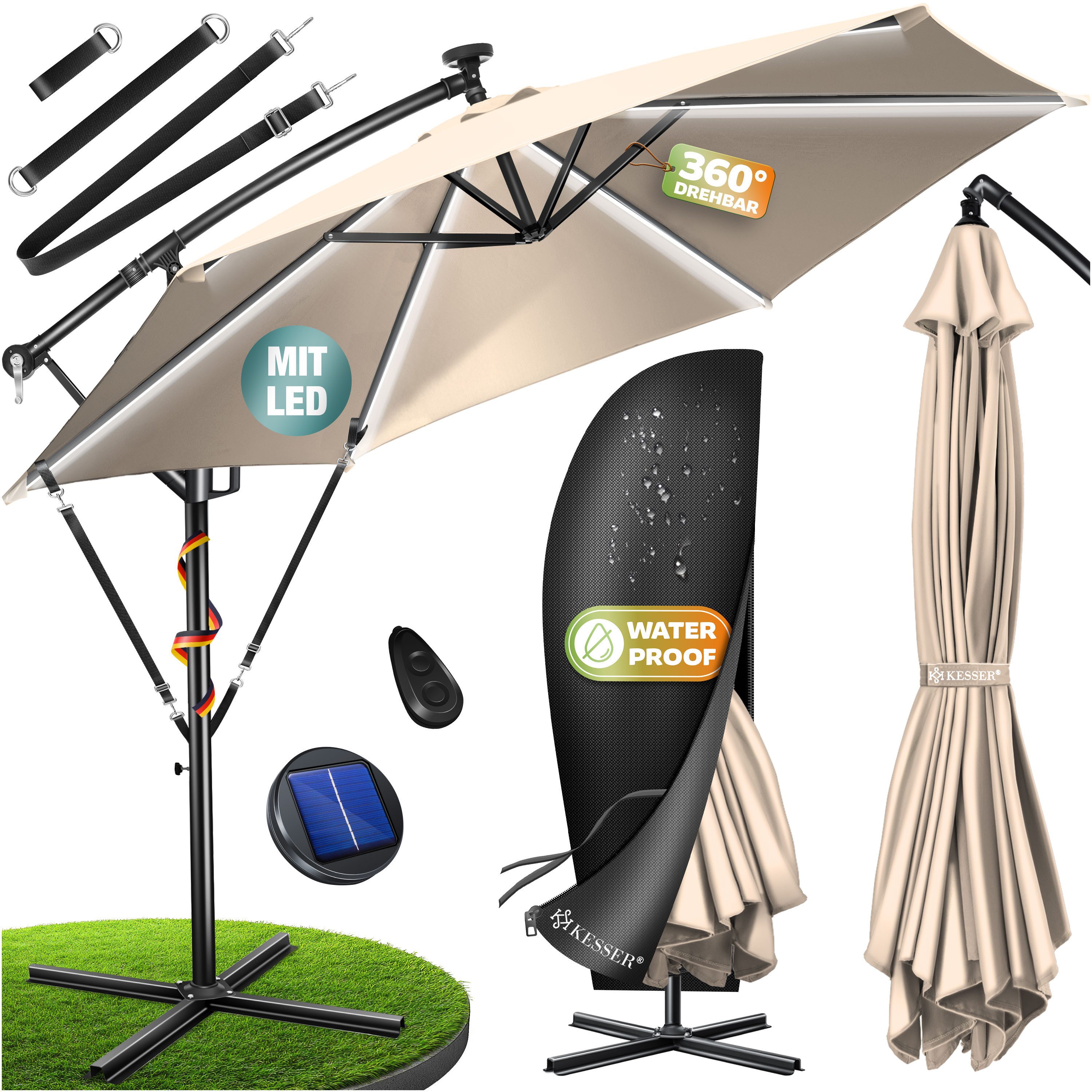 KESSER Ampelschirm ⌀300cm Alu Sonnenschirm mit LED Solar Inkl. Abdeckung & Fernbedienung, Kurbelschirm mit Ständer Wasserabweisend, 360° Funktion & UV-Schutz
