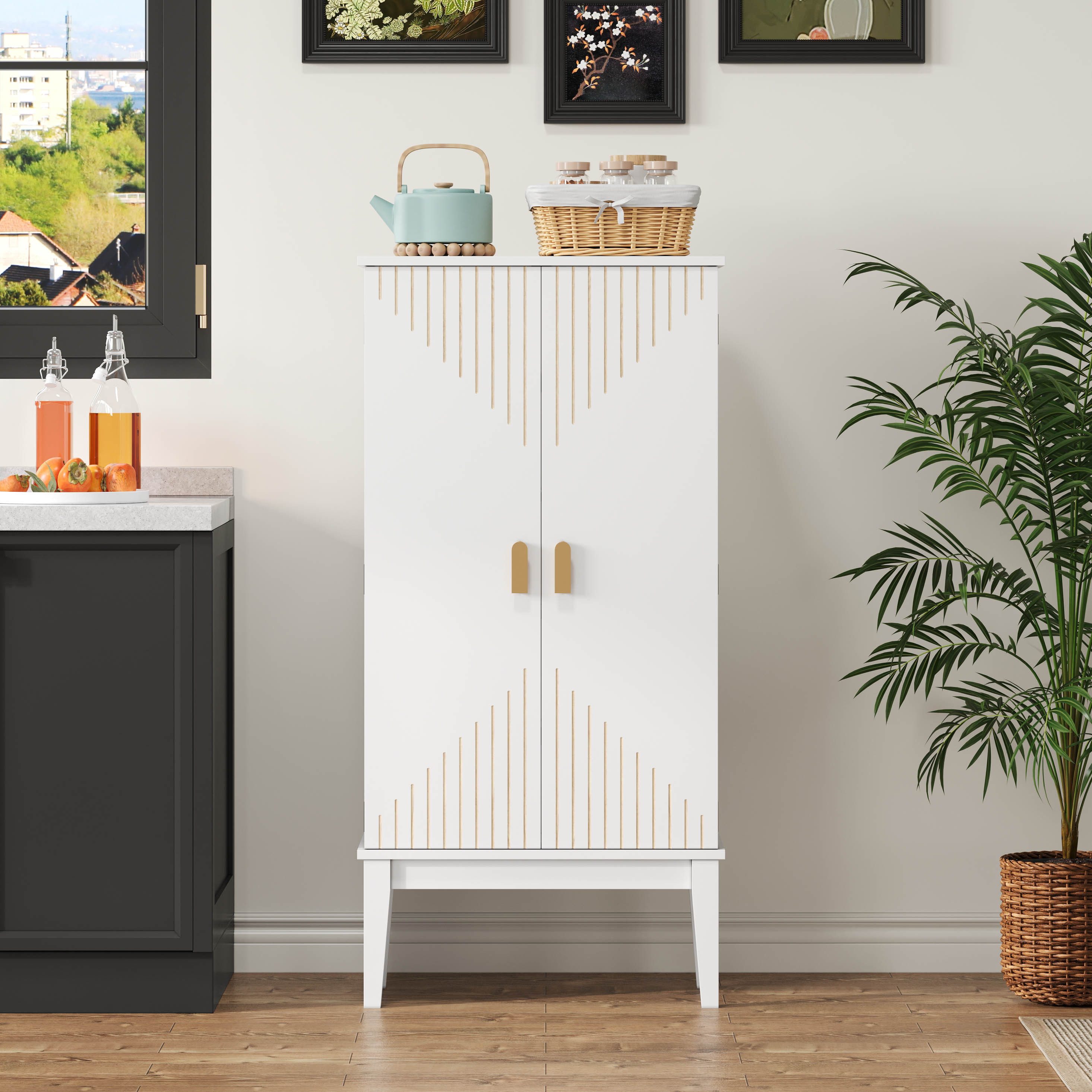 Celya Sideboard geräumiger Küchenschrank, 2-Tür-Aufbewahrungsschrank mit Türablage (Vintage-Stil Aufbewahrungsschrank mit Fünf Regalfächer), geeignet für Küche, Esszimmer, Wohnzimmer und Flur
