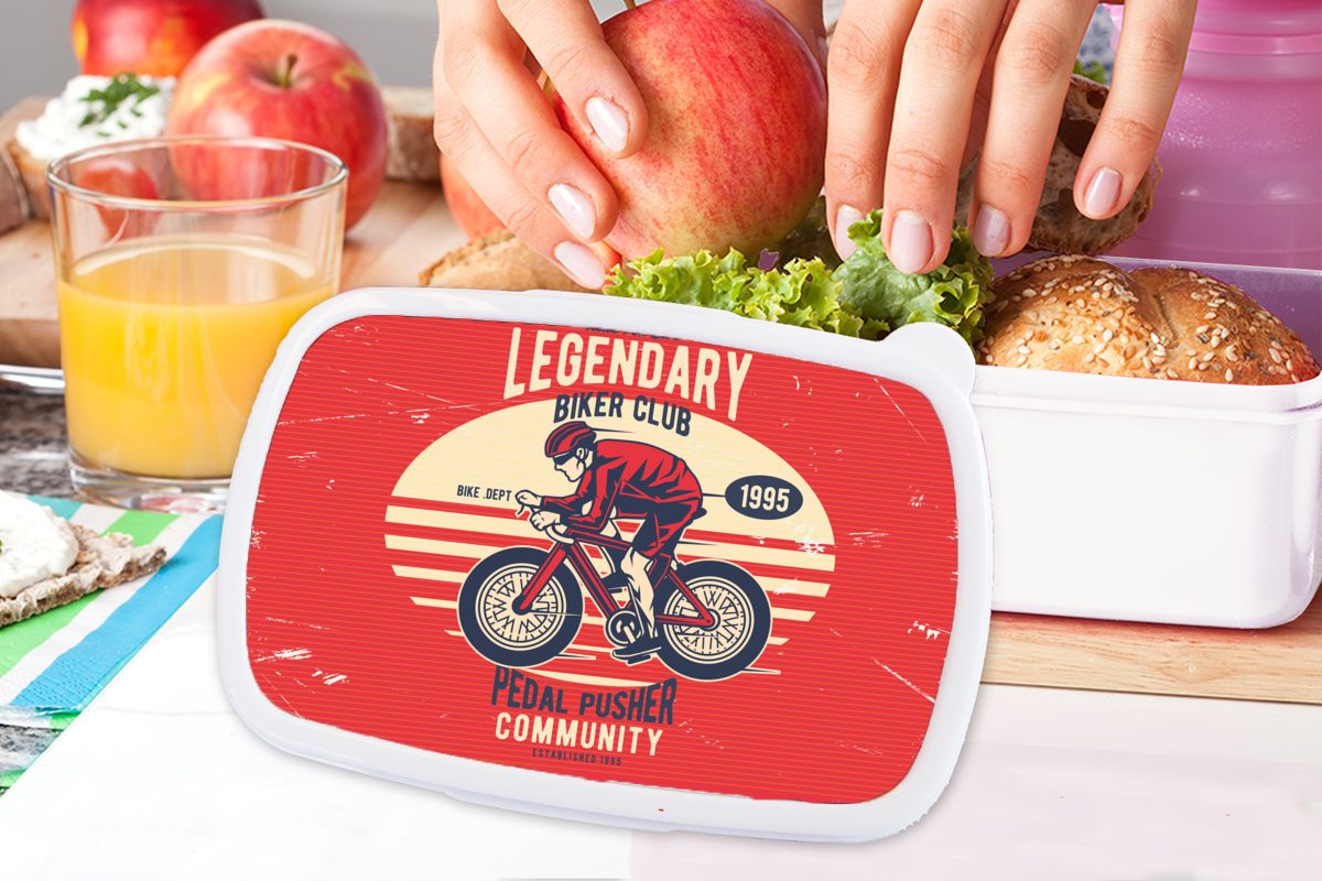 Radfahrer Kinder und weiß Brotdose, für Mädchen - Retro, Jungs für Brotbox MuchoWow - Kunststoff, und Lunchbox Erwachsene, Fahrrad (2-tlg),