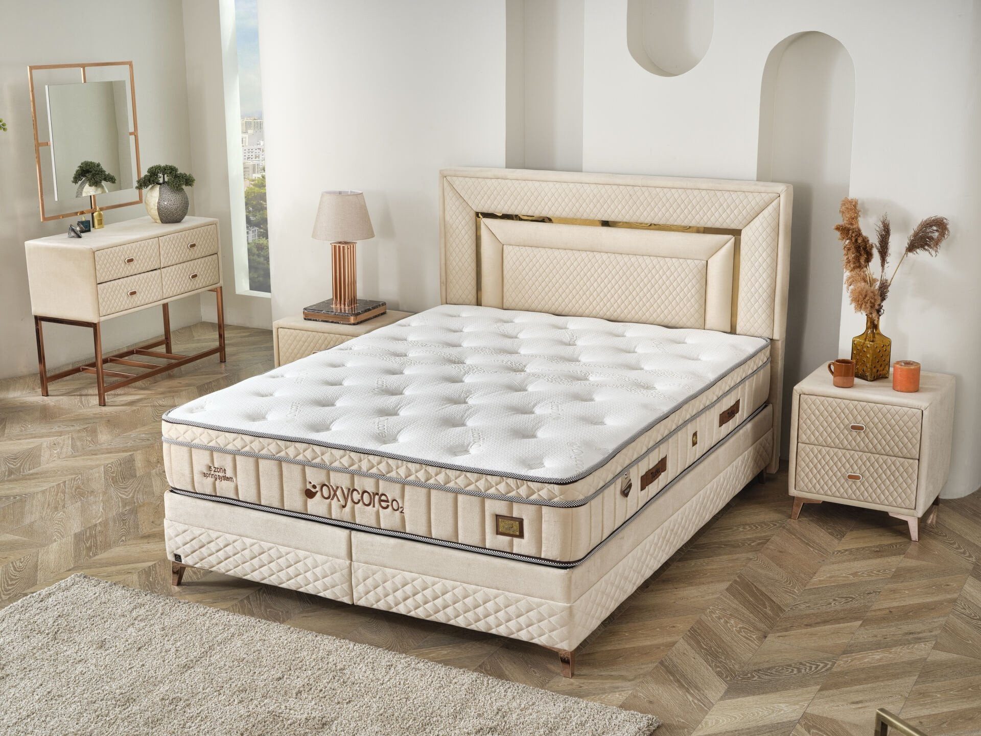 gowoll Boxspringbett OXYCORE Bett Set Boxpringbett mit Matratze Stauraumbett Doppelbett (Boxbett Set), Polsterbett Kontinentalbett, dekorativem Kopfteil