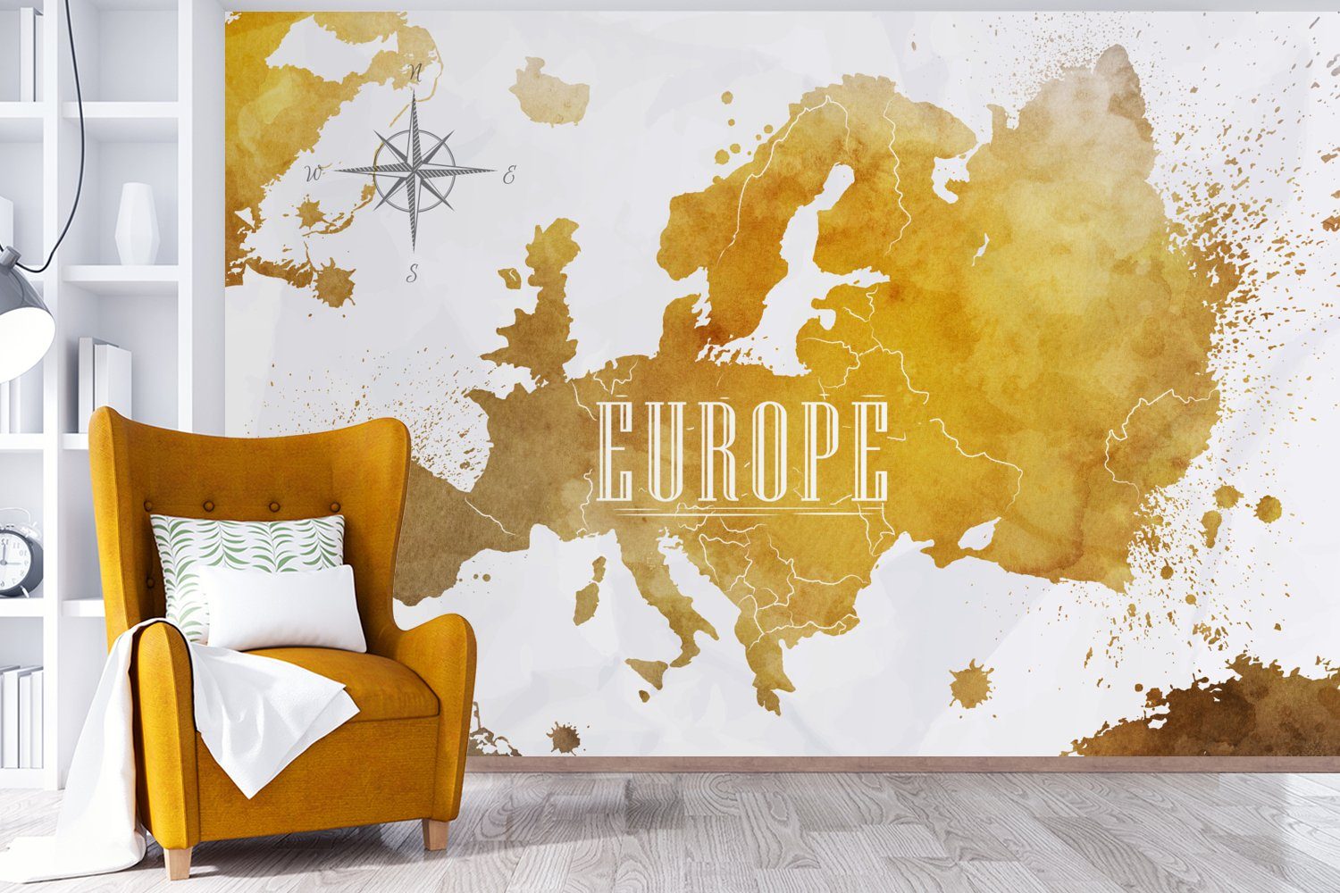 Europa - Matt, Weltkarten für Wohnzimmer, (6 Schlafzimmer, Vinyl - MuchoWow Wallpaper Kinderzimmer, St), Gold, Tapete Fototapete bedruckt,