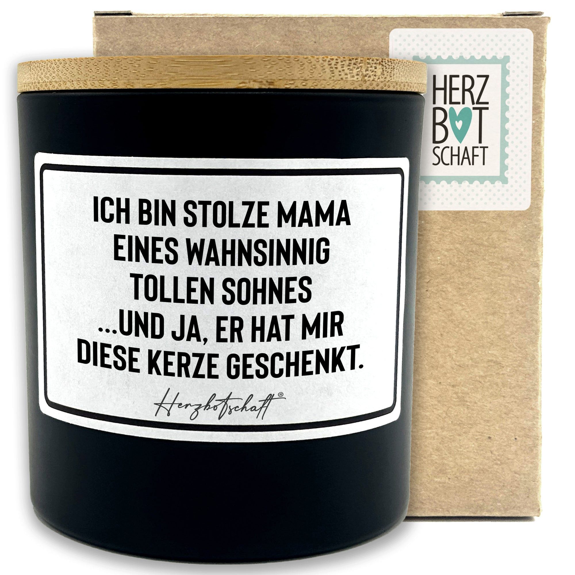 Herzbotschaft Duftkerze, (Ich bin stolze Mama eines wahnsinnig tollen Sohnes ...und ja, er hat mir diese Kerze geschenkt., originelles Geschenk, handgemachte nachhaltige Sojakerze im Glas)