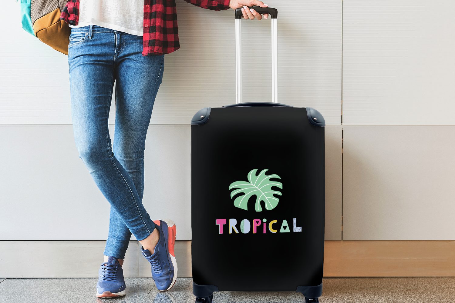 MuchoWow Handgepäckkoffer Tropical - Sommer Reisekoffer Schwarz, Trolley, Ferien, Handgepäck 4 rollen, - Reisetasche Rollen, für mit