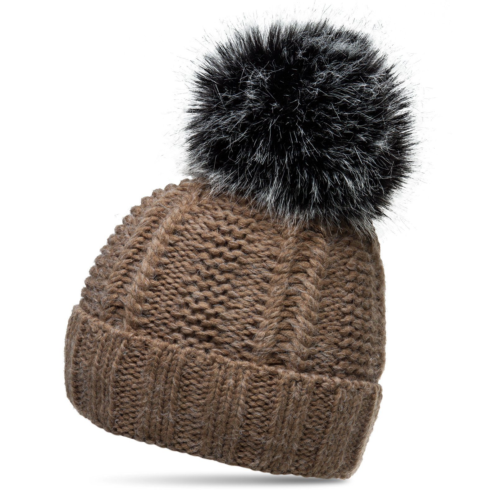 Bommelmütze MU162 Damen gefütterte Mütze Strickmütze mit XL Kunstfell Bommel