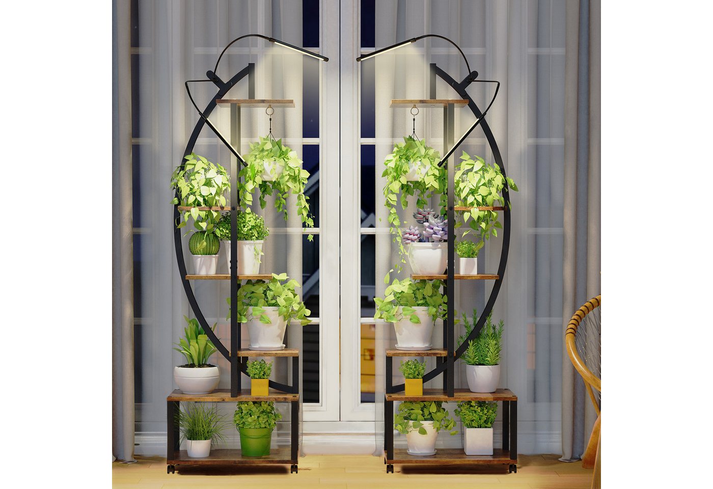 SERBASIC Pflanzentreppe Pflanzenständer mit Wachstumslicht, 6 Ebenen Metall-Holz, Blumenständer mit Rädern für Innen/Außen, Balkon & Garten, 165 cm hoch