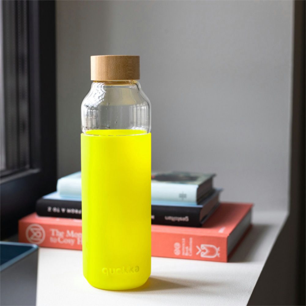 Stor Trinkflasche QUOKKA Flow Glasflasche Wasserflasche antirutsch Cover 660 ml, Bambus Deckel, antirutsch Cover
