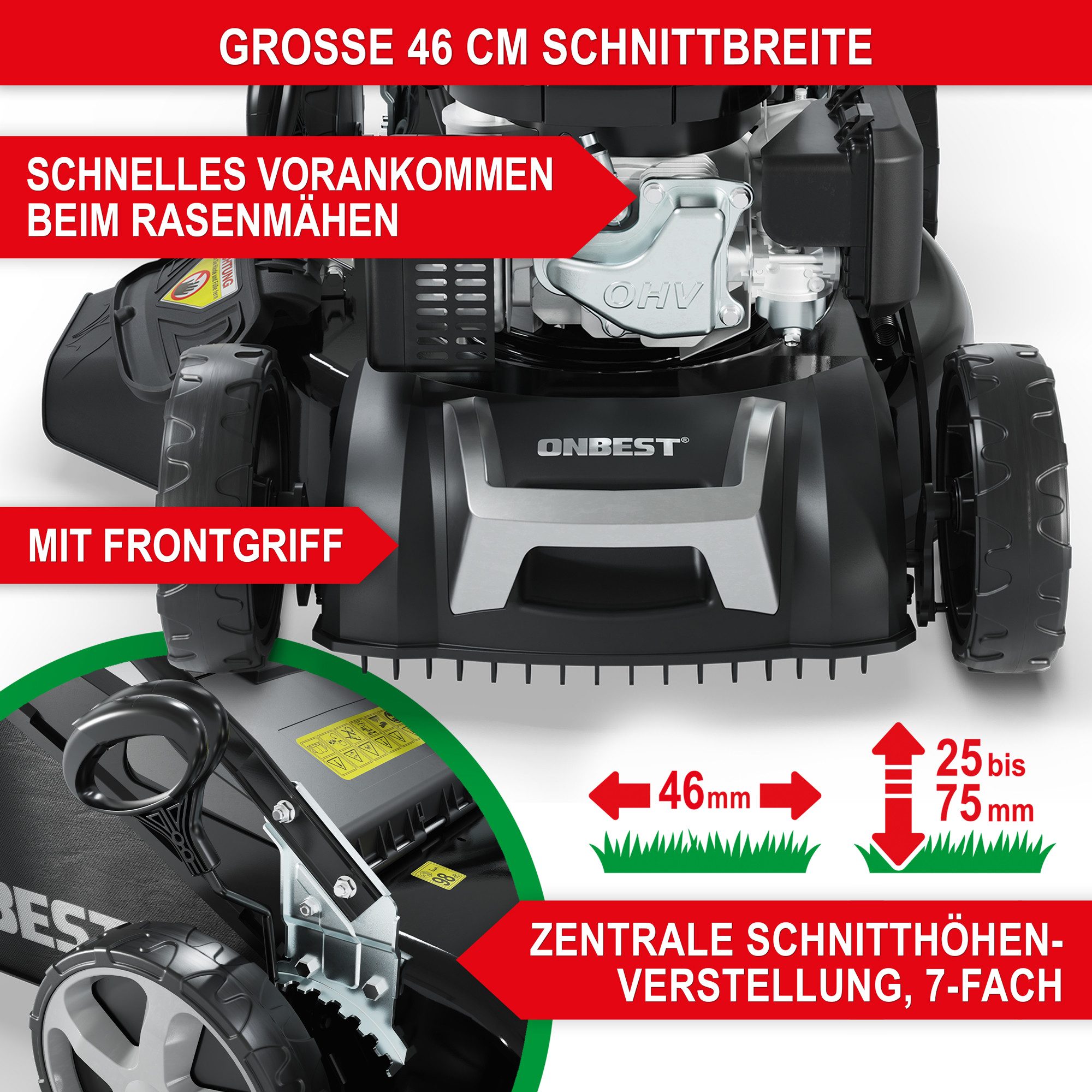 Onbest Benzinrasenmäher TXC-3646 5in1 mit Radantrieb Tornado X-Cut 4,9PS Doppelmesser, 46 cm Schnittbreite, SOGRAD-Lüfterrad, 60L Fangkorb, Mulchkit