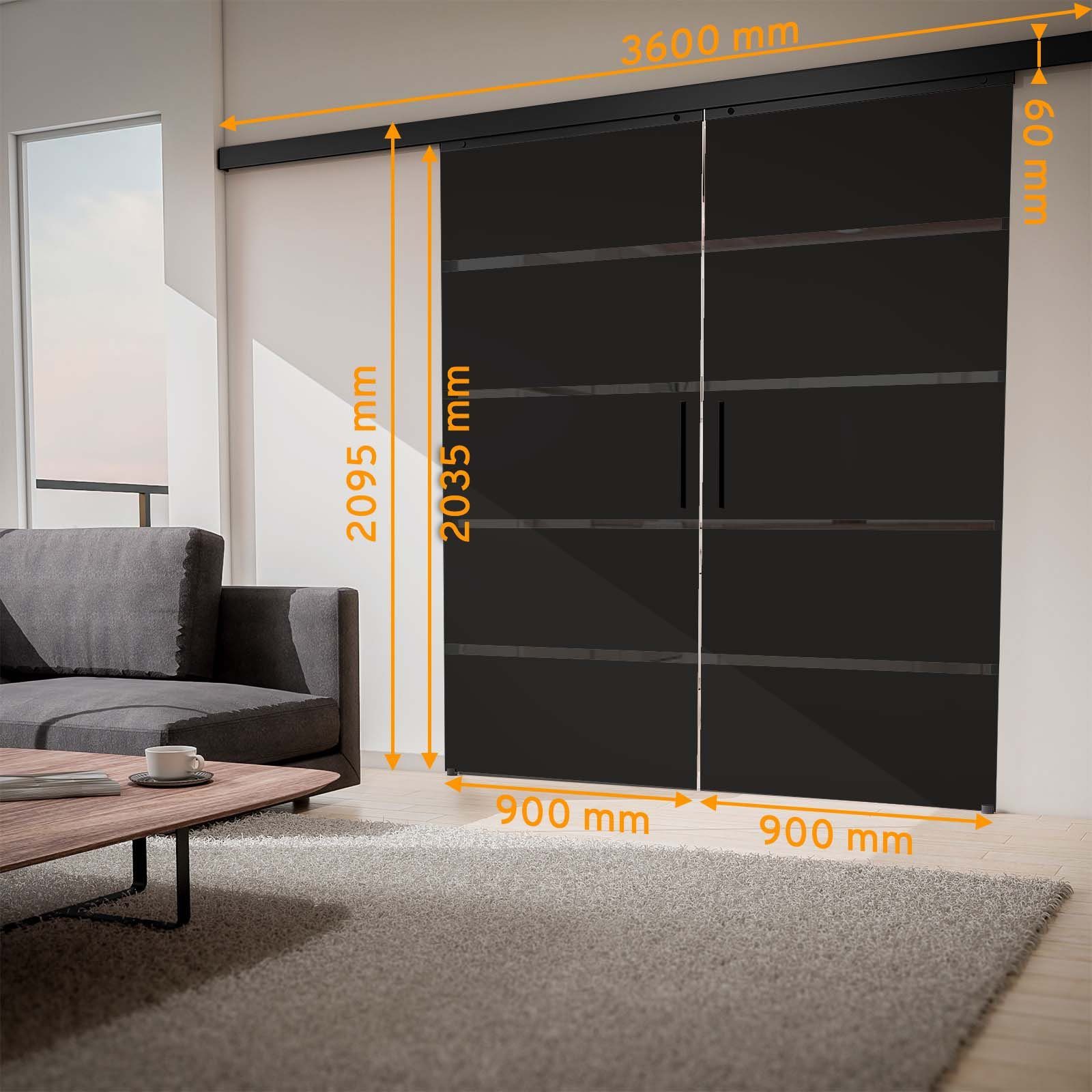 inova wohnen Doppelschiebetür Glas Blockstreifen schwarz 180 x 203,5 cm (Komplett Set), mit Schienensystem