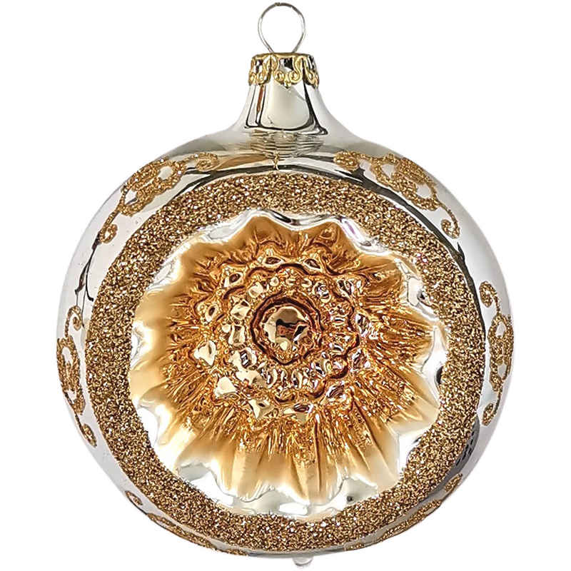 Thüringer Glasdesign Weihnachtsbaumkugel Reflexkugel, Renaissanceband, silber/gold (1 St), mundgeblasen, handbemalt