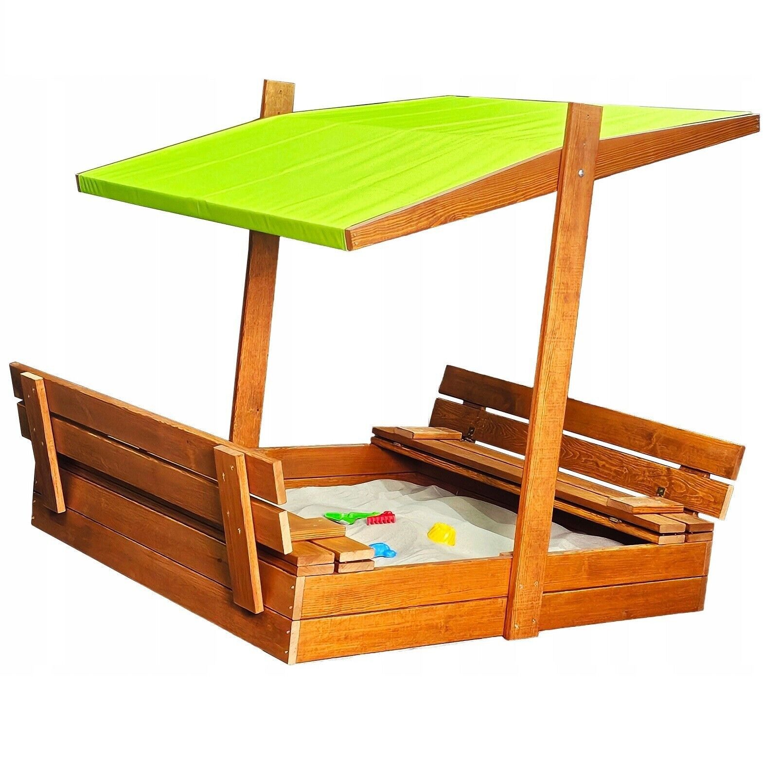 QLS Sandkasten 120cm mit Dach & Bank, aus Holz Imprägniert Abdeckung Unkrautvlies Sandbox 122 x 118 cm