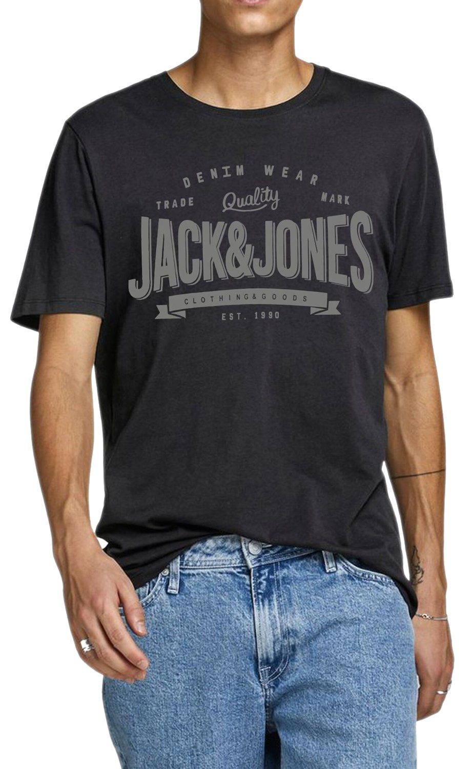 Print-Shirt & Black mit Fit T-Shirt Rundhalsausschnitt Jones Regular OPT4 Jack