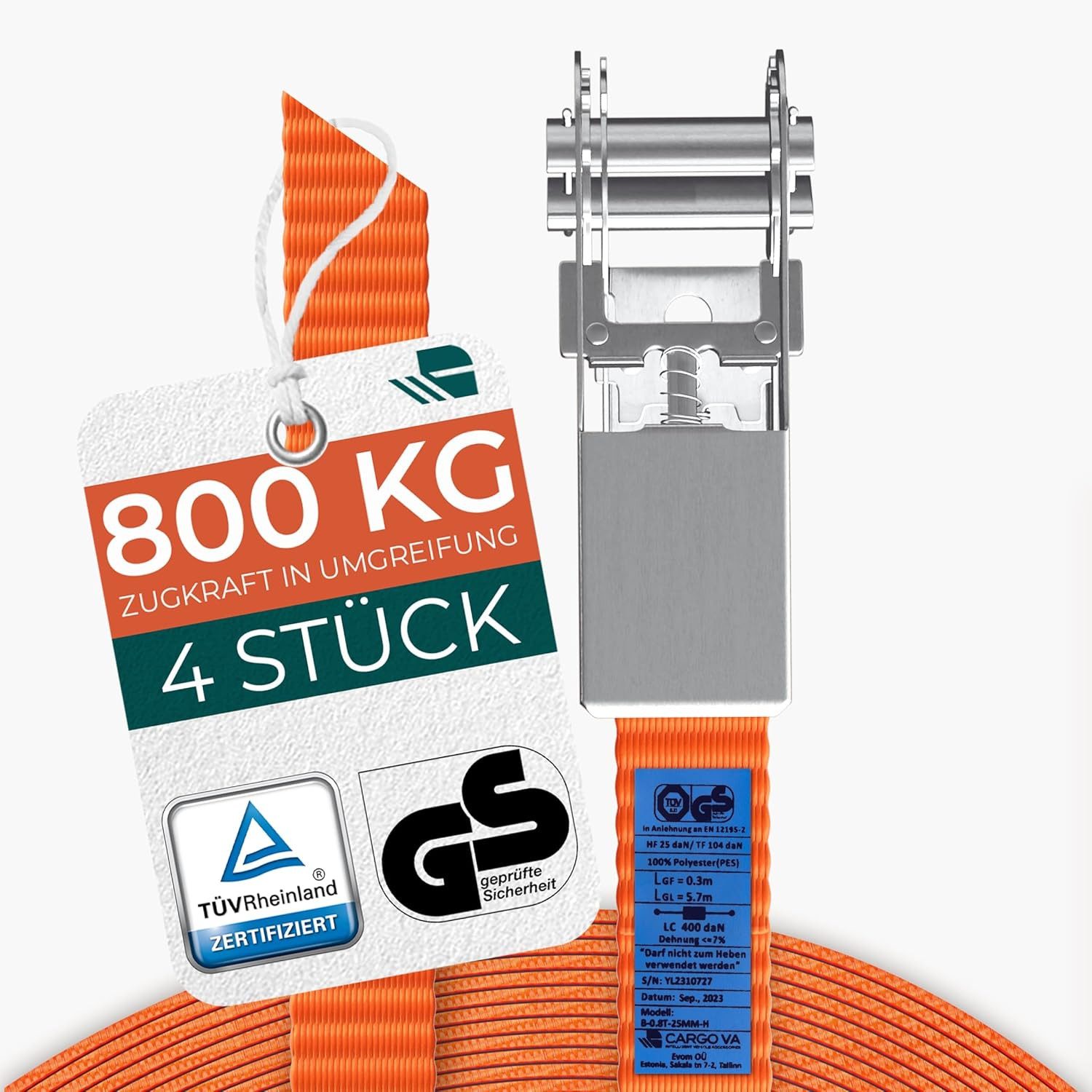 CargoVA® Spanngurt Robuste 800kg Spanngurte [4er Set] - TÜV/GS Zertifiziert & DIN (Spanngurt-Set, 4er Set) DIN EN 12195-2 konform, 25 mm Breite