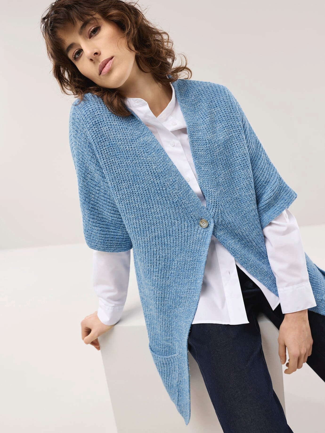 Walbusch Longweste Damen Longstrickweste mit Kimonoärmeln pflegeleicht V-Ausschnitt, 2 aufgesetzte Taschen, italienisches Garn, meliert