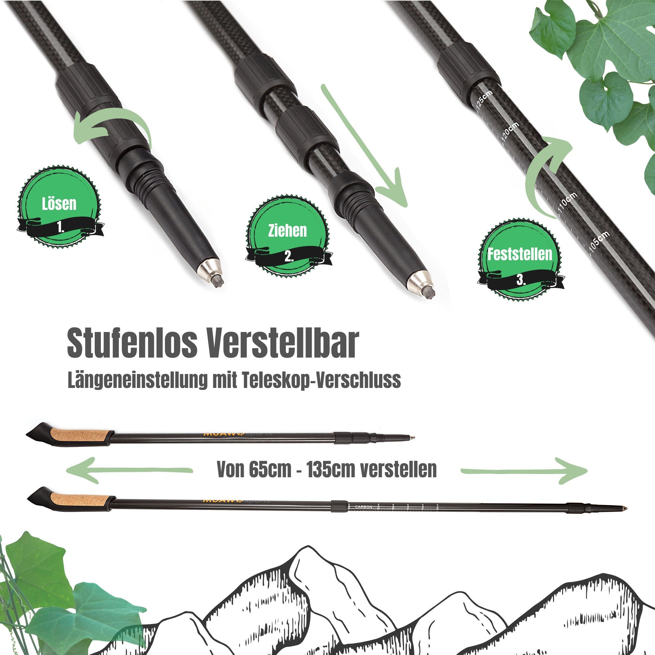 Teleskopstock Carbon, allen Carbon Muawo Aufsätzen), Vollständiges ergonomisch Beutel, Walking Set ultrarobust, Premium Nordic federleicht (praktischer verstellbar und Nordic-Walking-Stöcke mit verstellbar,