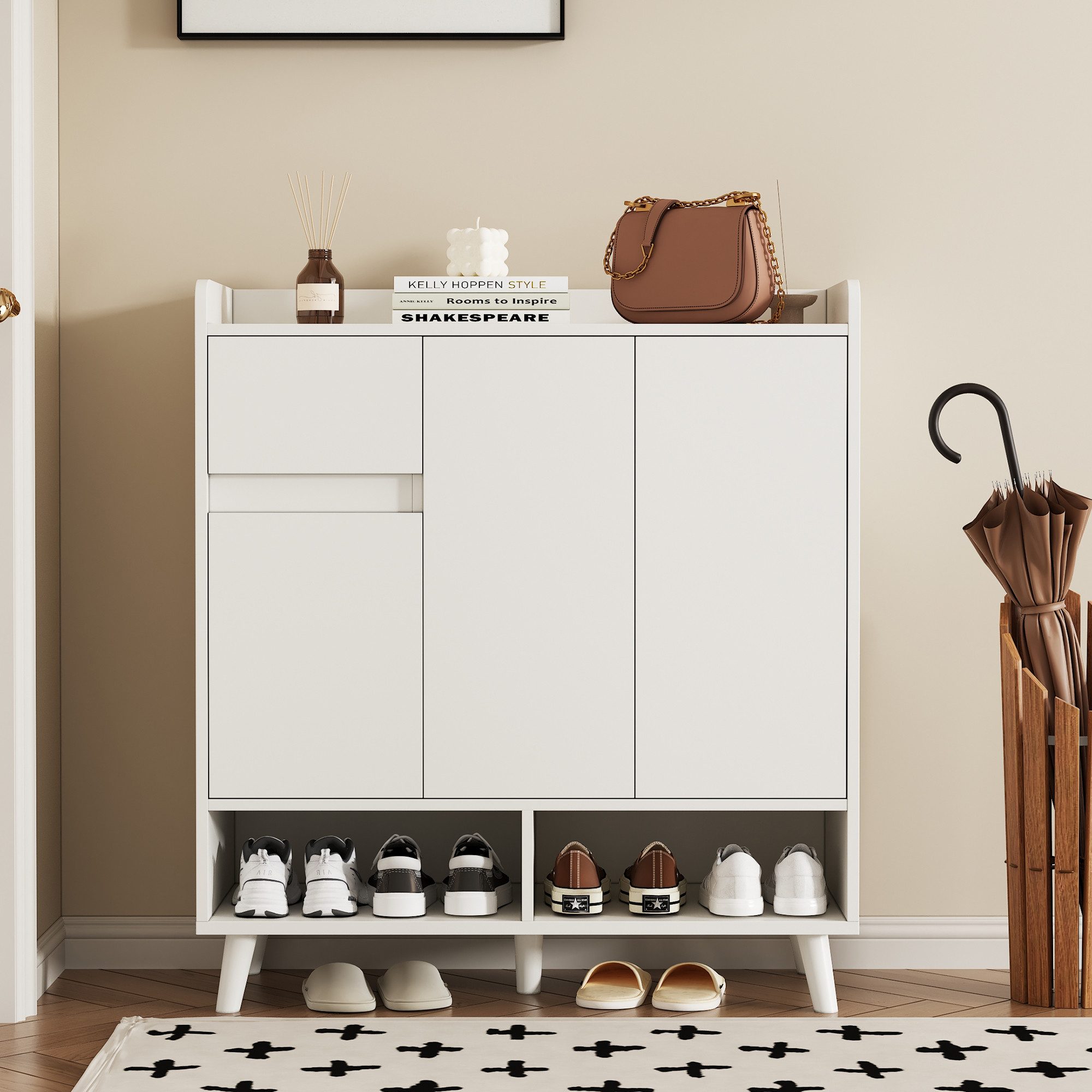 KLAM HOME Schuhschrank Schuhregal Kommode Sideboard mit verstellbaren Einlegeböden 99*35*90cm (für Single-Wohn- und Familiennutzung) mit Massivholzbeinen 1 Schublade Bietet Platz für 12 Paar Schuhe