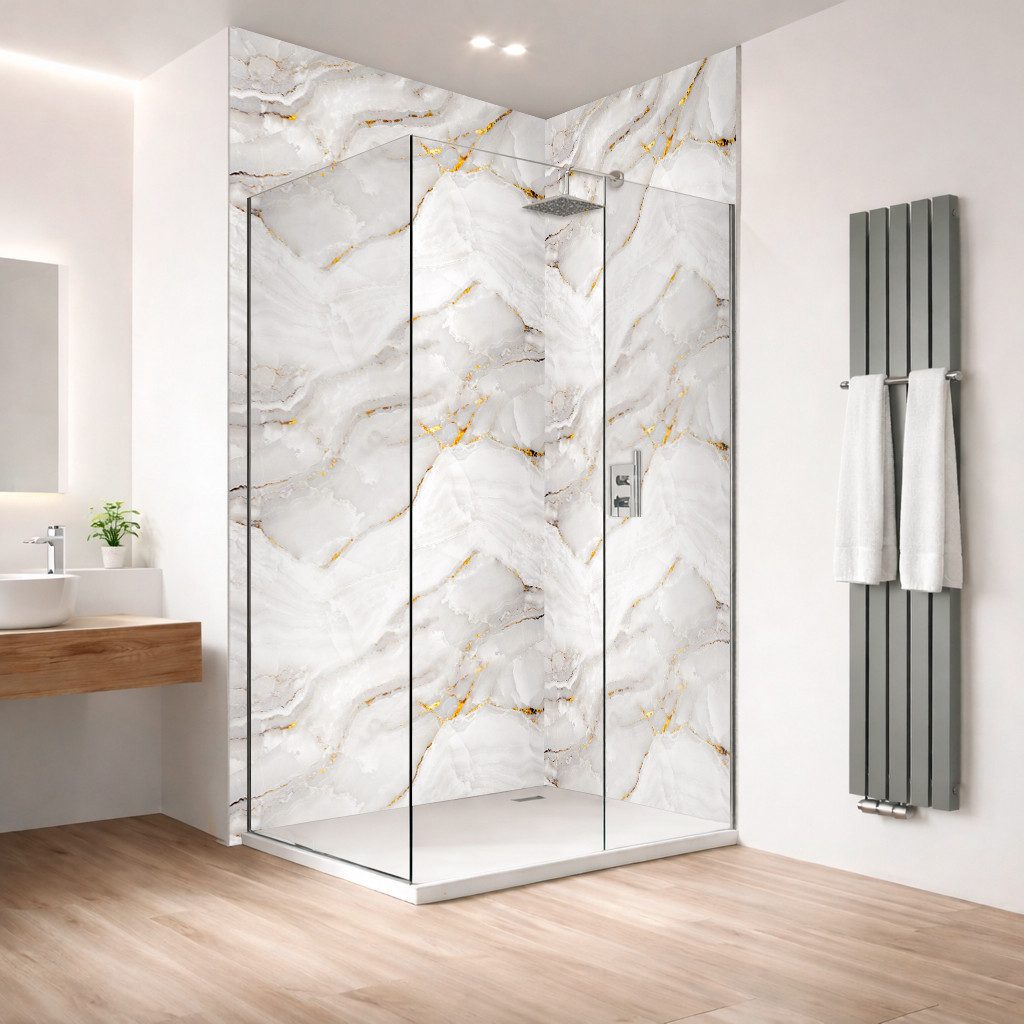 Rodnik Duschrückwand Marmor Gold, (leicht abwaschbar, einfache Montage, zuschneidbar), 120x260 cm Wandverkleidung Duschrückwand wasserfest, fugenabdeckend