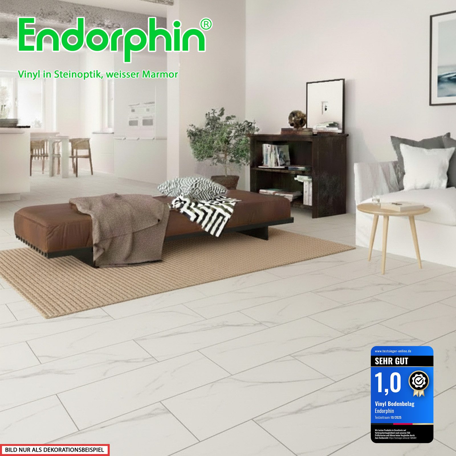 Endorphin Vinylboden Vinylboden selbstklebend Steinoptik weißer Marmor 2,97qm, Selbstklebend, pflegeleicht, strapazierfähig, renovierungsfreundlich, geeignet für intensive private Nutzung