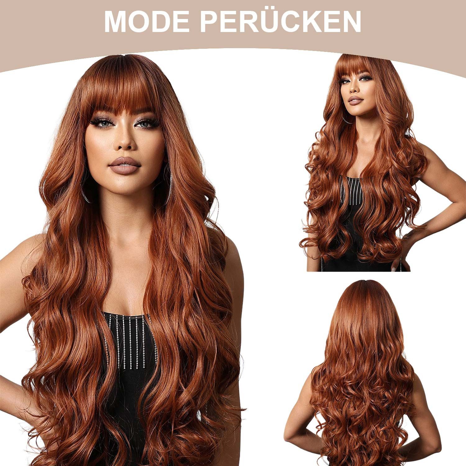 Refttenw Kunsthaarperücke Synthetikhaar 75cm Lange Gewellte Perücken mit Pony für Frauen, Braun Große Gewellte Perücken