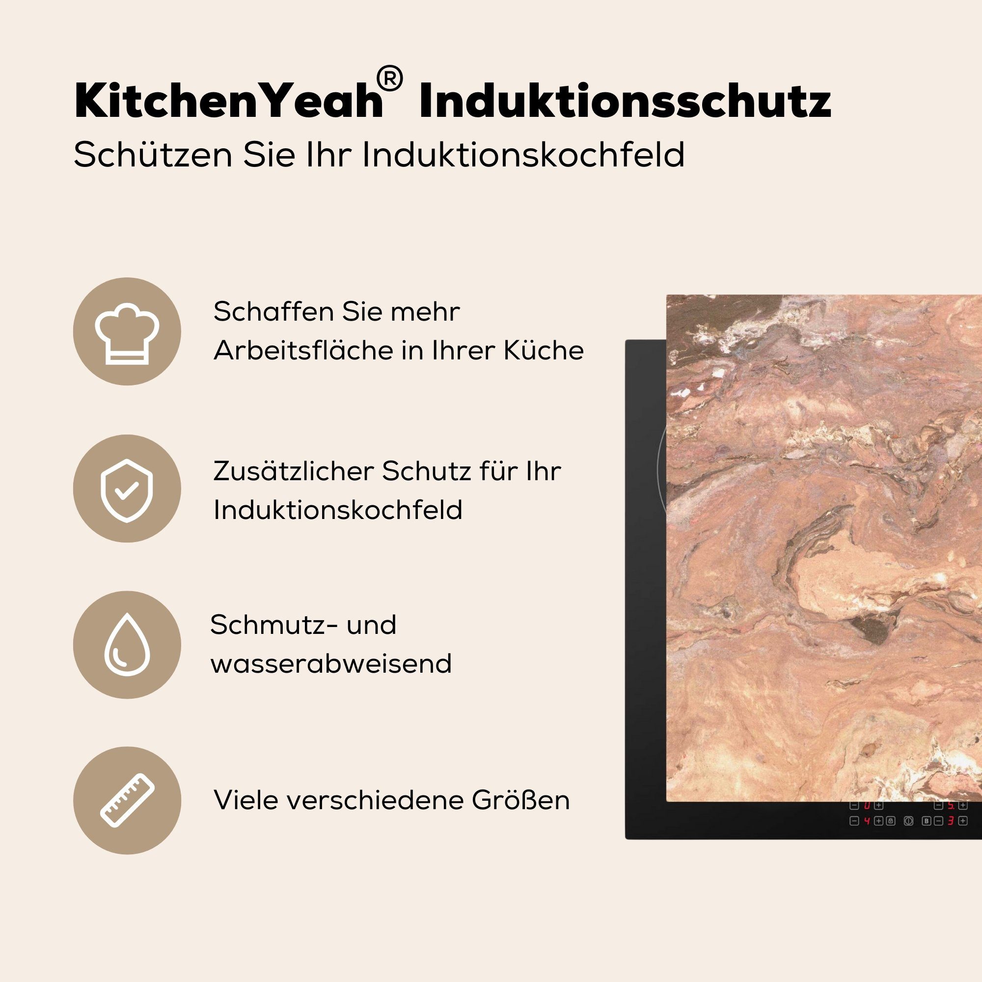 MuchoWow Herdblende-/Abdeckplatte Kieselsteine - für Granit, küche (1 tlg), Arbeitsplatte 78x78 Ceranfeldabdeckung, Rosa Vinyl, - cm
