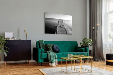 Sinus Art Leinwandbild 120x80cm Wandbild auf Leinwand Schwarz Weiß Fotografie Holzsteg Meer H, (1 St)