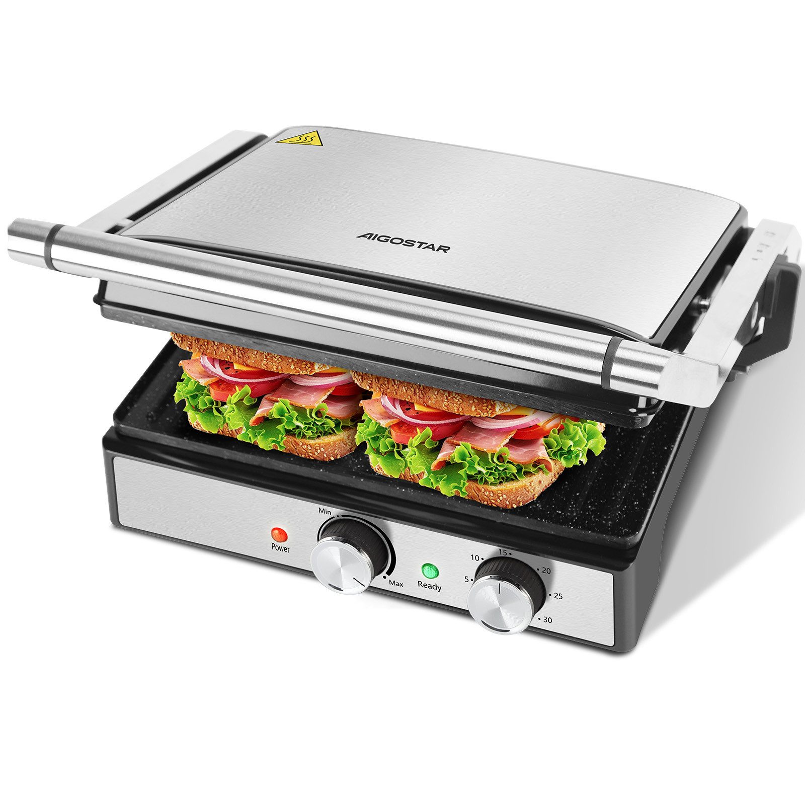 Aigostar Paninigrill 2000W Kontaktgrill, Panini Grill, Sandwich Maker, Temperaturkontrolle, 2000,00 W, Edelstahl, Antihaft beschichtete Platten, Abnehmbare Tropf Schale