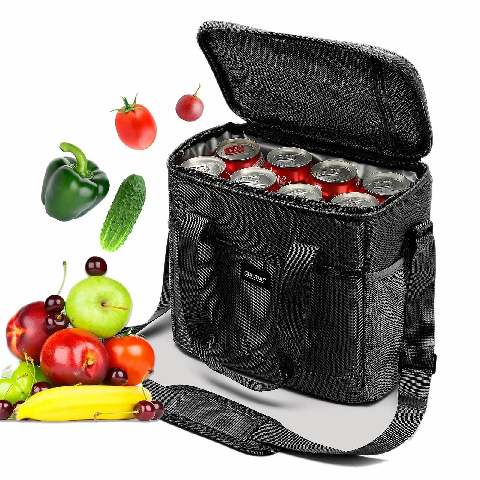 TAN.TOMI Picknickkorb Lunchtasche Kühltasche Isoliertasche Lunchbag Thermotasche, 17.2 Liter faltbar, wasserdicht und mit Reißverschluss perfekt Schwarz