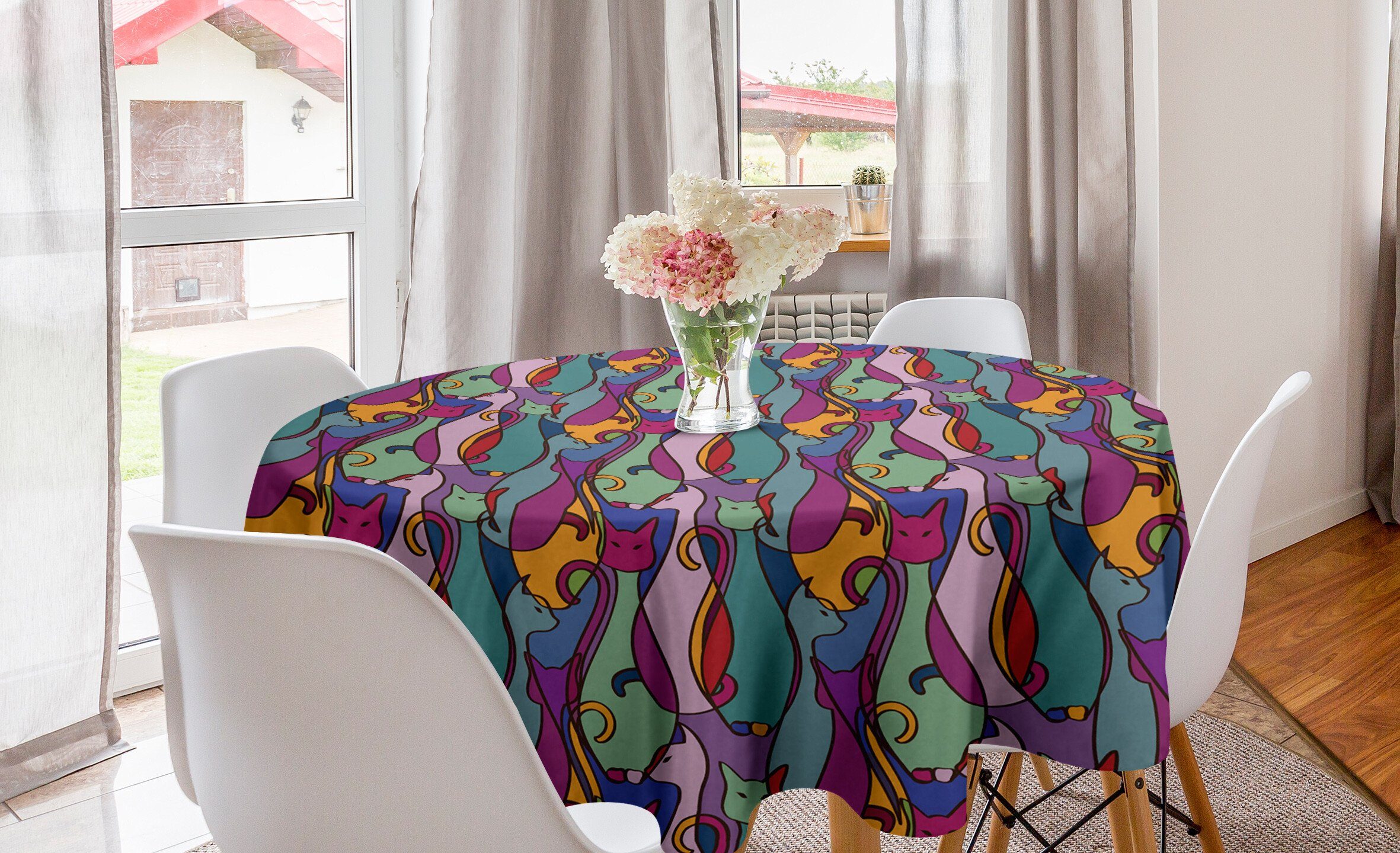 Abakuhaus Tischdecke Kreis Tischdecke Abdeckung für Esszimmer Küche Dekoration, Katze geometrische afrikanische