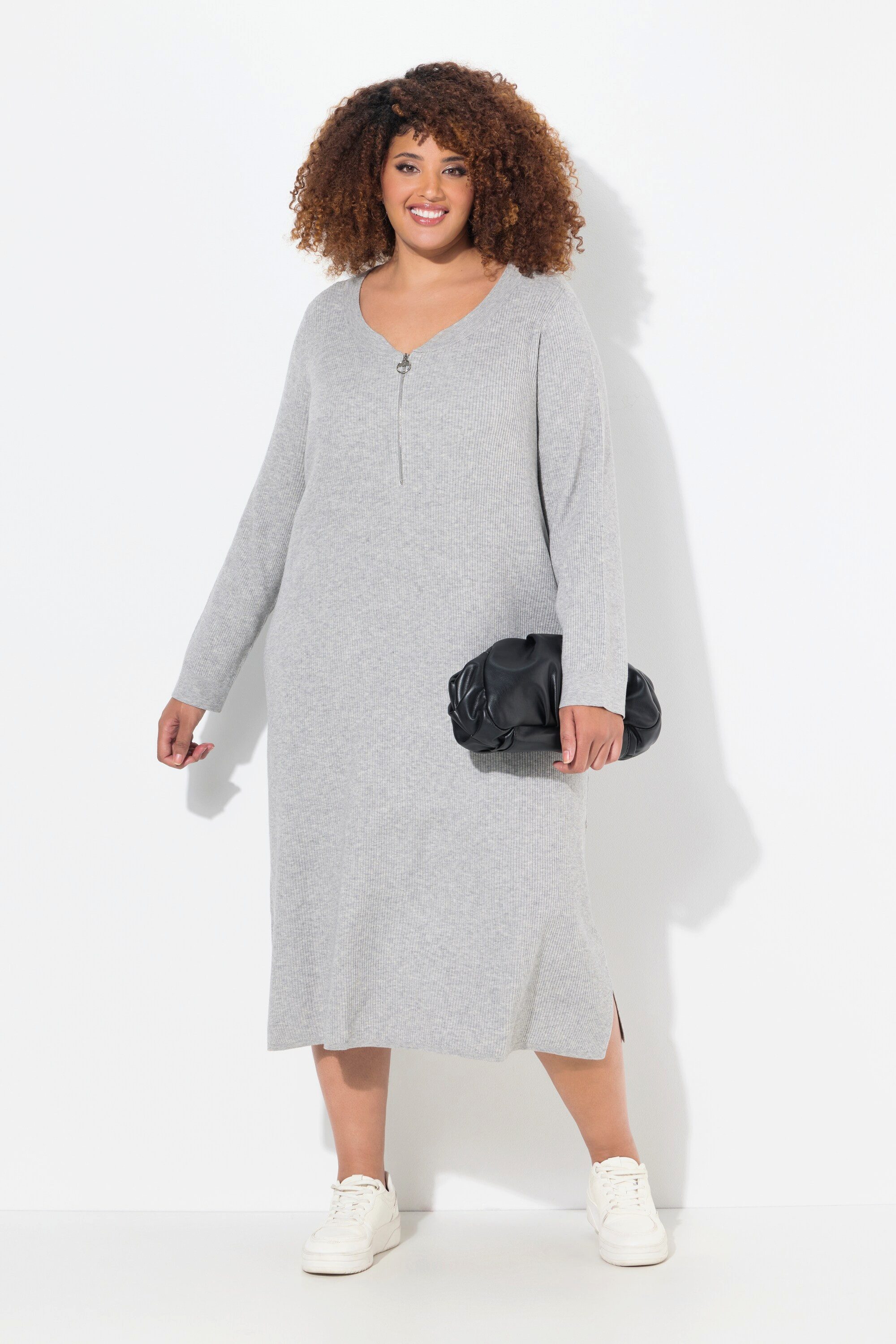 Ulla Popken Strickkleid Rippjersey-Midikleid Zipper A-Linie V-Ausschnitt