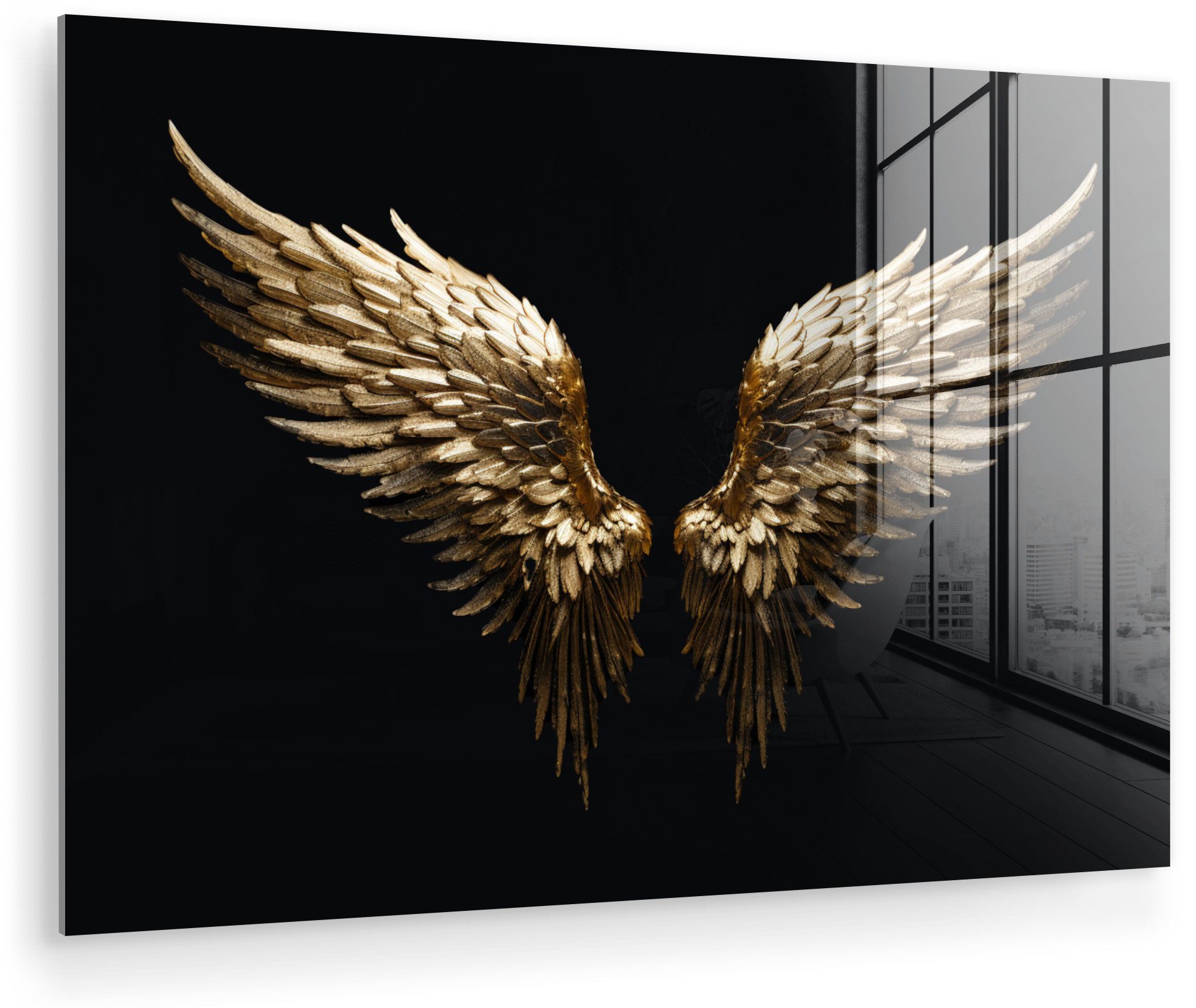 MuchoWow Acrylglasbild Flügel - Engel - Gold - Schwarz - Abstrakt, Inkl. Aufhängung, Glasbilder Wohnzimmer, Schlafzimmer, Flur & Esszimmer, 30x20 cm