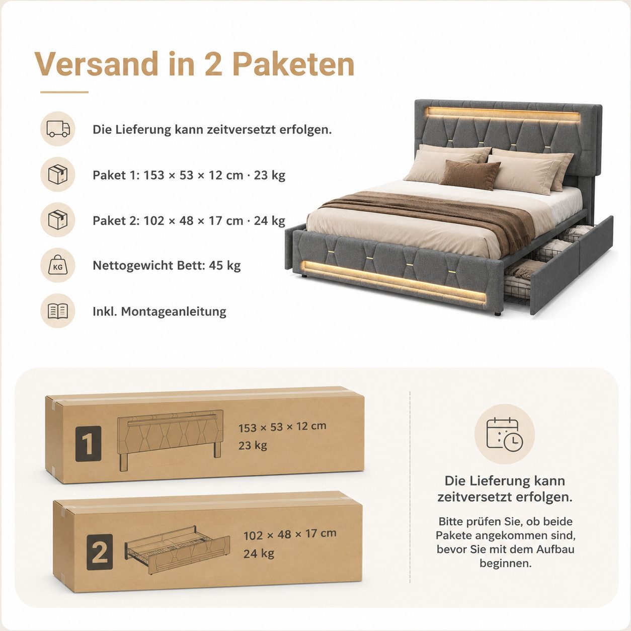 Simurq Polsterbett Polsterbett 140x200 Doppelbett Leinen Grau mit RGB LED & 4 Schubladen (Bettgestell mit 4 Schubladen, Bettgestell mit 4 Schubladen)