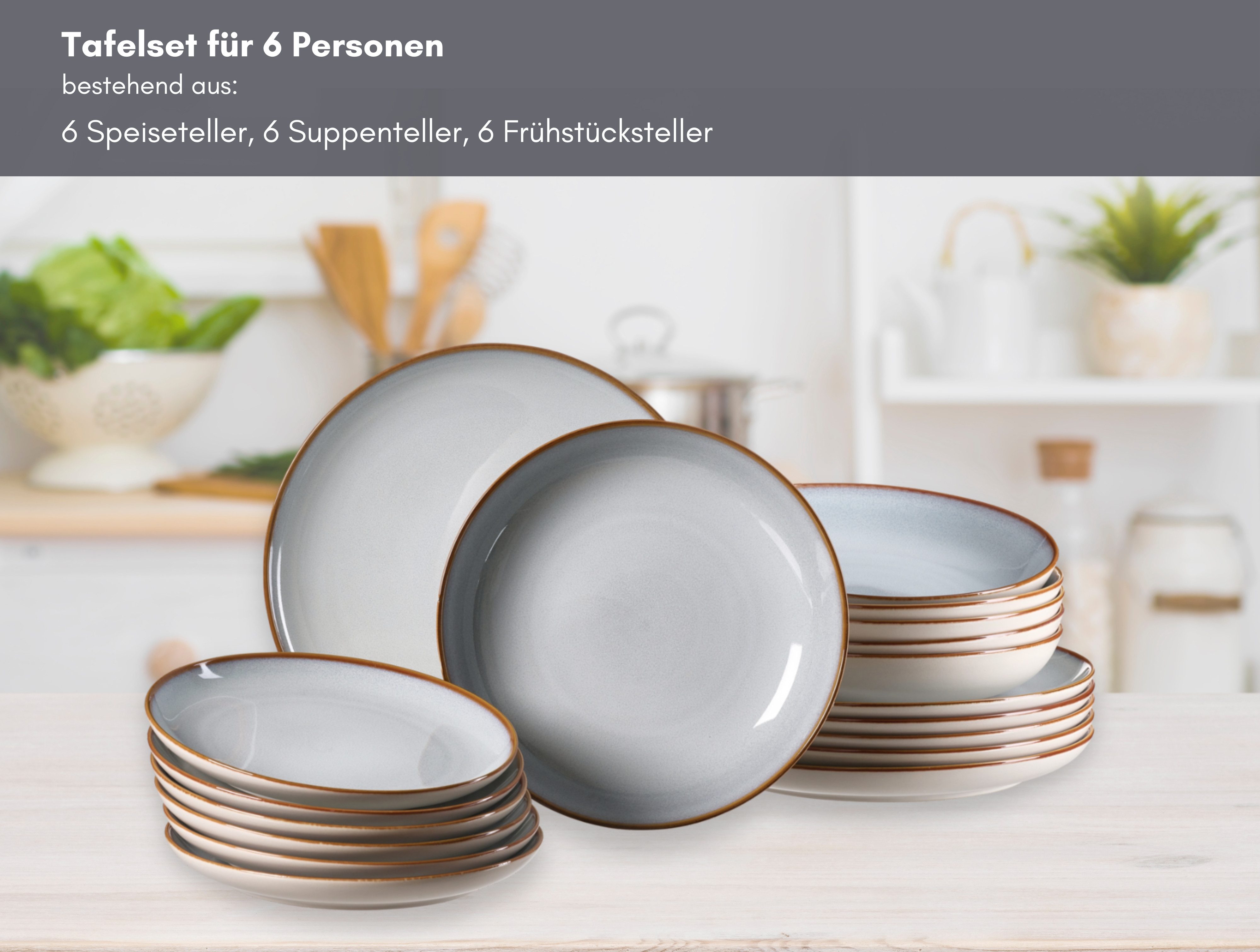 Ritzenhoff & Breker Tafelservice Portofino (18-tlg), 6 Personen, Steinzeug, Teller Set, Porzellan, skandinavisch-schlichter Touch, Ø 21,5 cm
