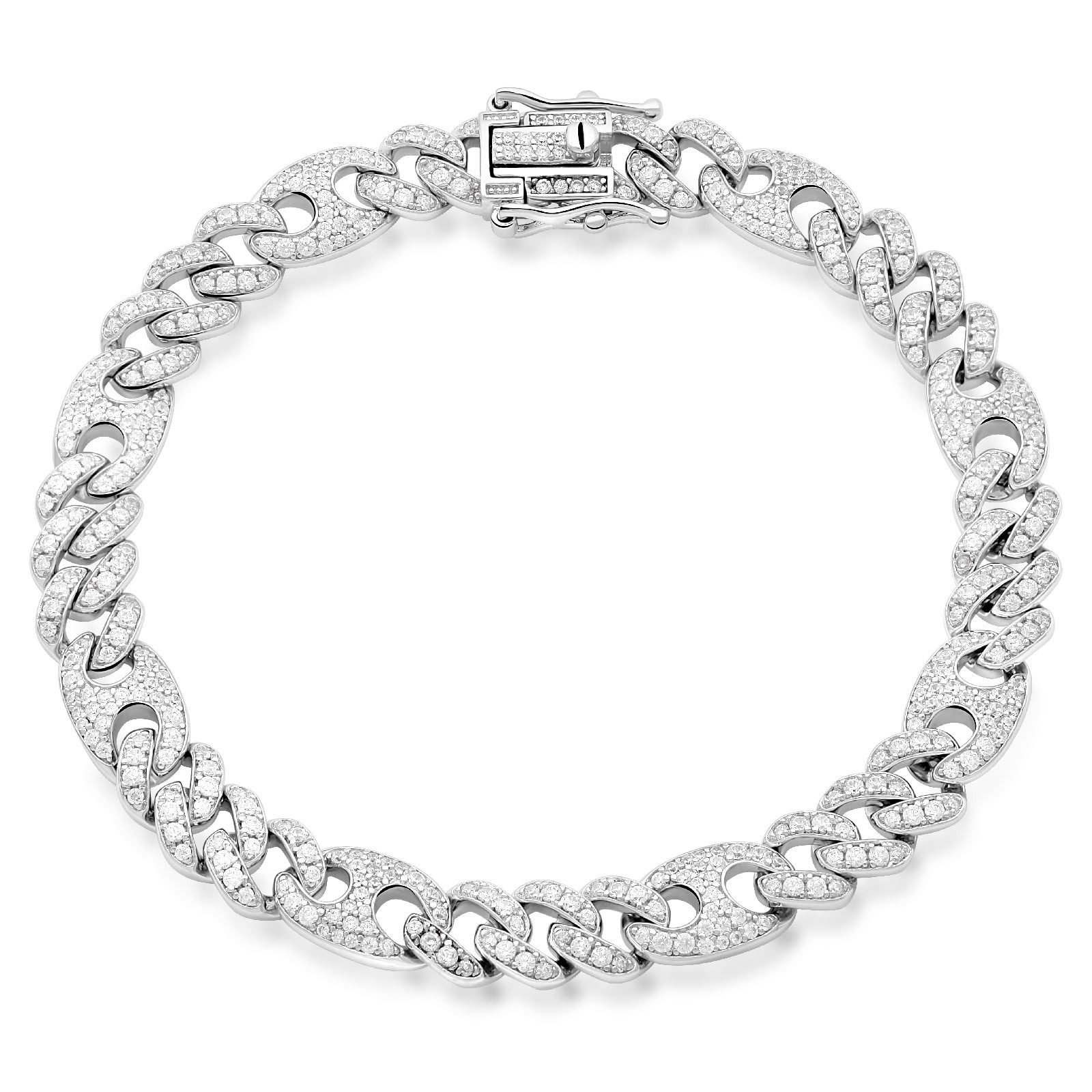 Silberarmband Panzerkaffebohnenarmband 8,5 mm Vollbesetzt Zirkonia Steine Weiß Echte