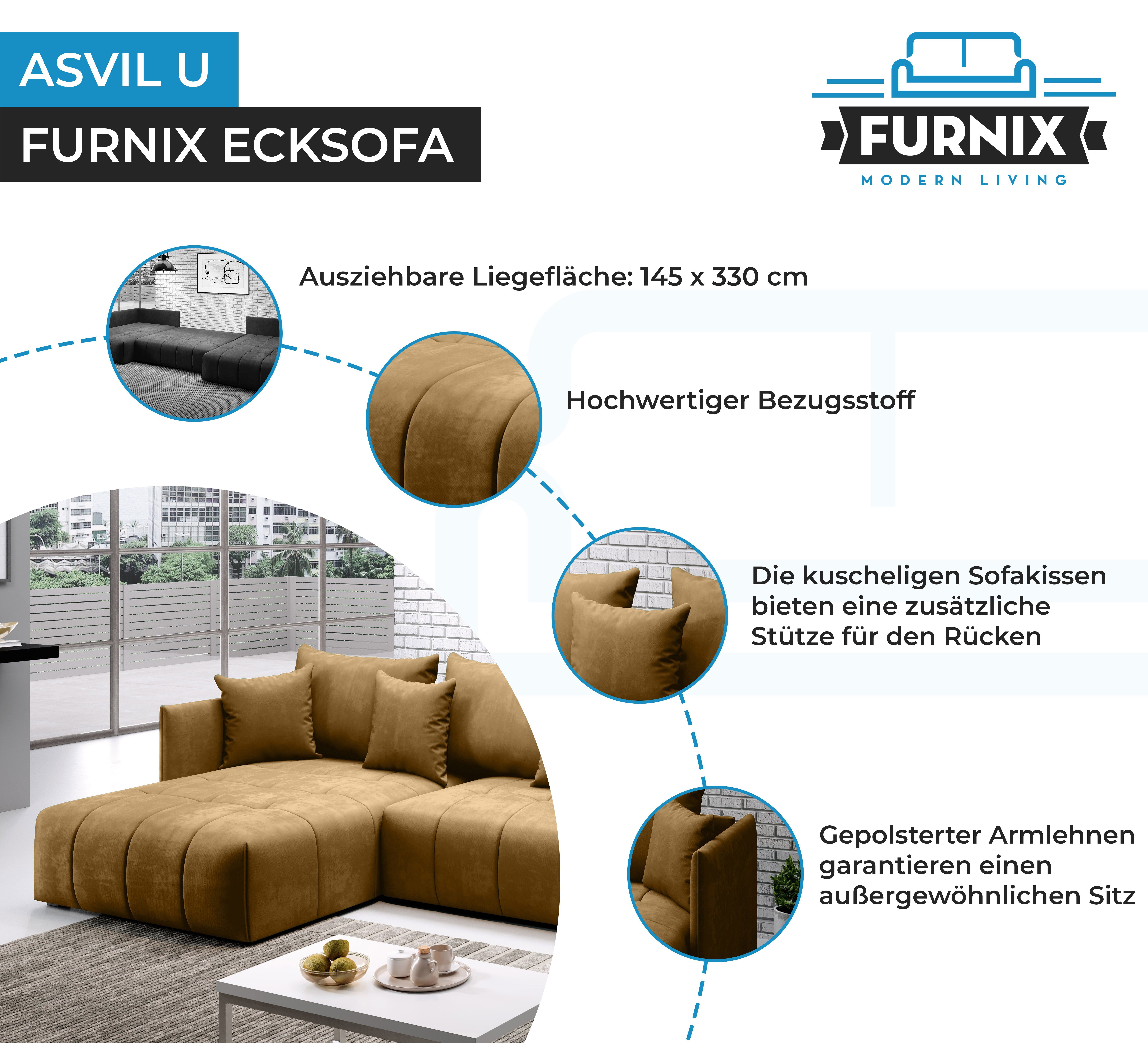 Ecksofa Made x Furnix U-Form-Sofa B353 ASVIL mit H80 in Bettkasten, T180 Schlaffunktion x Farbauswahl, Gold cm, Braun und Europe MH48