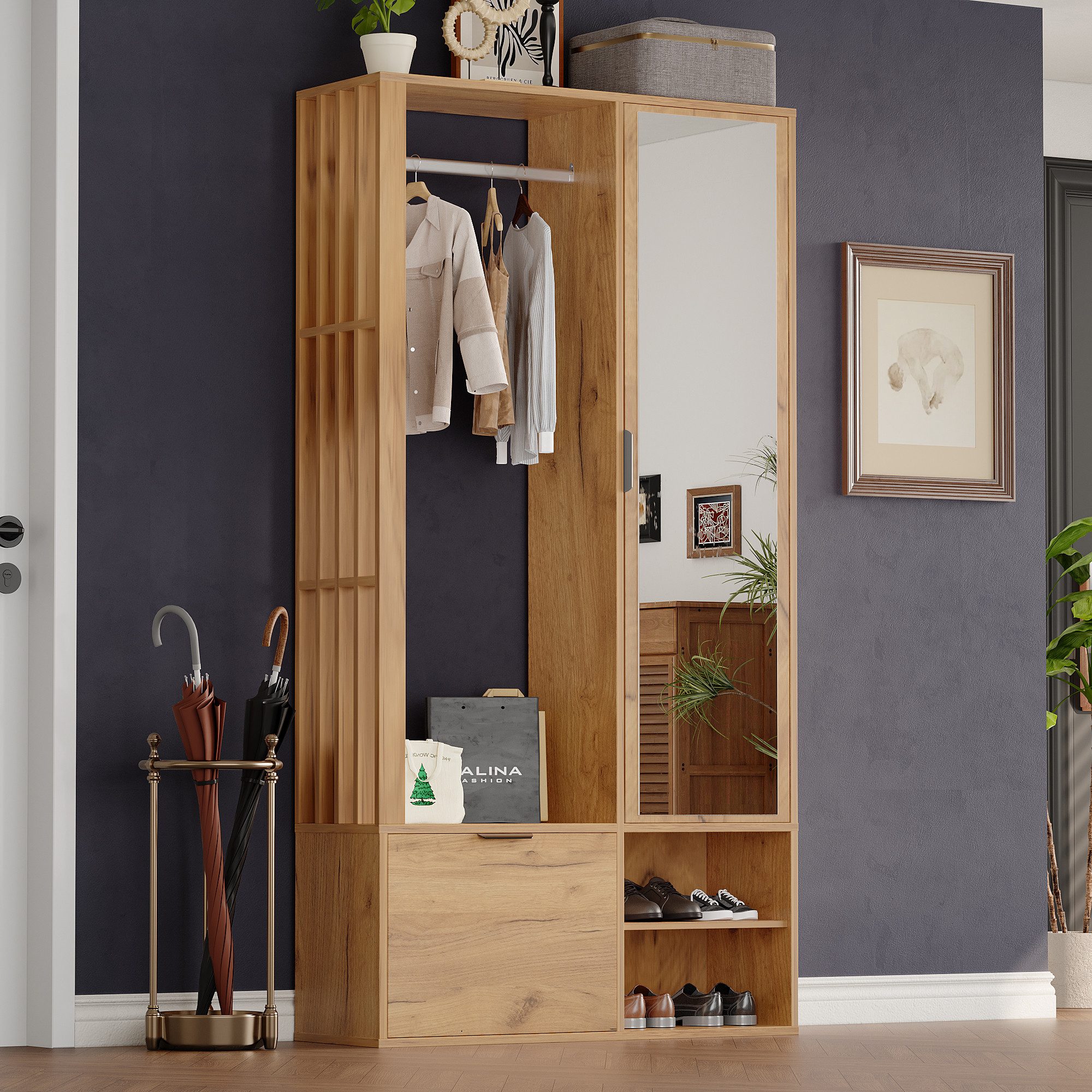 EXTSUD Garderobenschrank 6‑in‑1 Garderobenschrank mit Spiegel & Wäscheständer, 100 cm (Garderobenschrank und Spiegel, Breite 100 cm,Schrank mit unterer Tür) zum Aufhängen von Mänteln,Flurschrank mit Wäscheständer