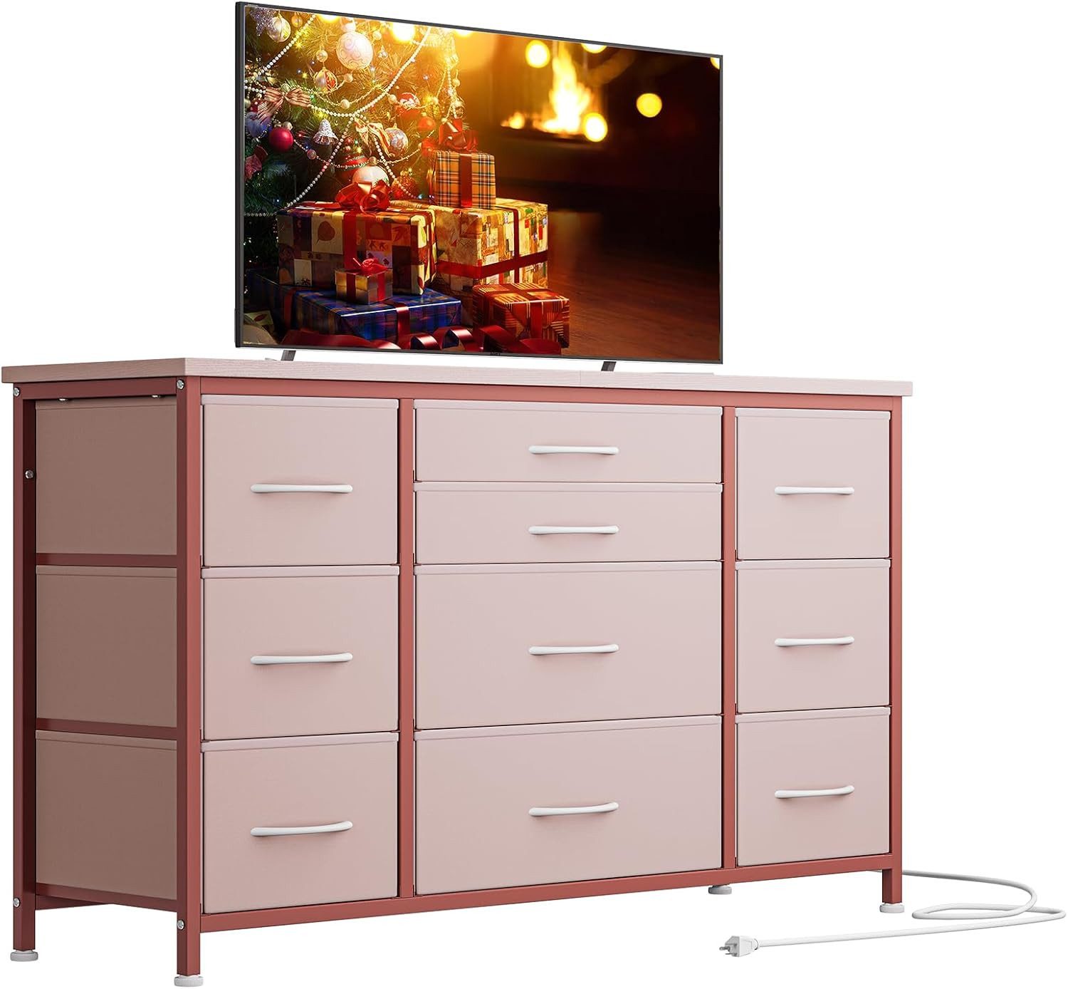 Kommode Mit 10 Schubladen,Stoffschubladen & 3 Steckdose,120*39*70cm