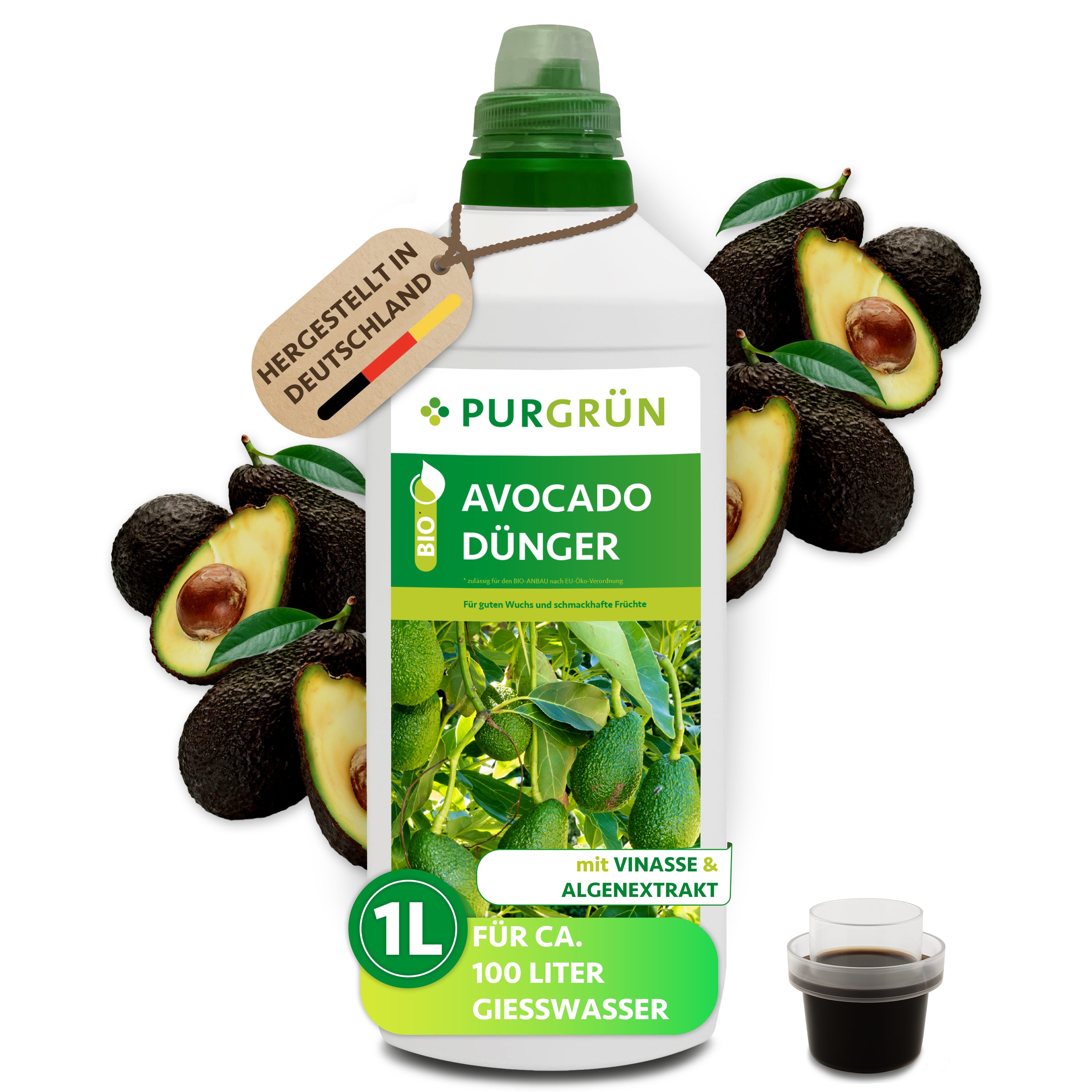 Purgrün Gemüsedünger Bio Avocado Dünger, NPK 4+1+7, Algenextrakt, 1 Liter, Flüssigdünger, 1-St., 1 Liter