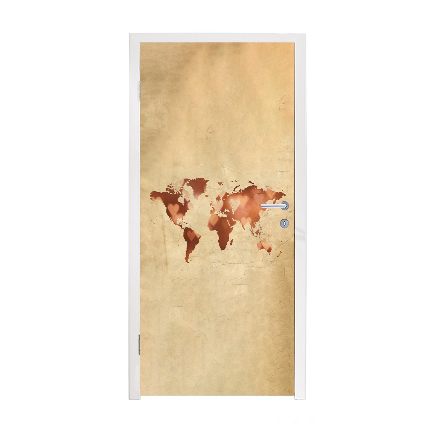 bedruckt, Türtapete Tür, Fototapete MuchoWow für Herz Türaufkleber, - cm Braun, Matt, 75x205 St), - (1 Weltkarte