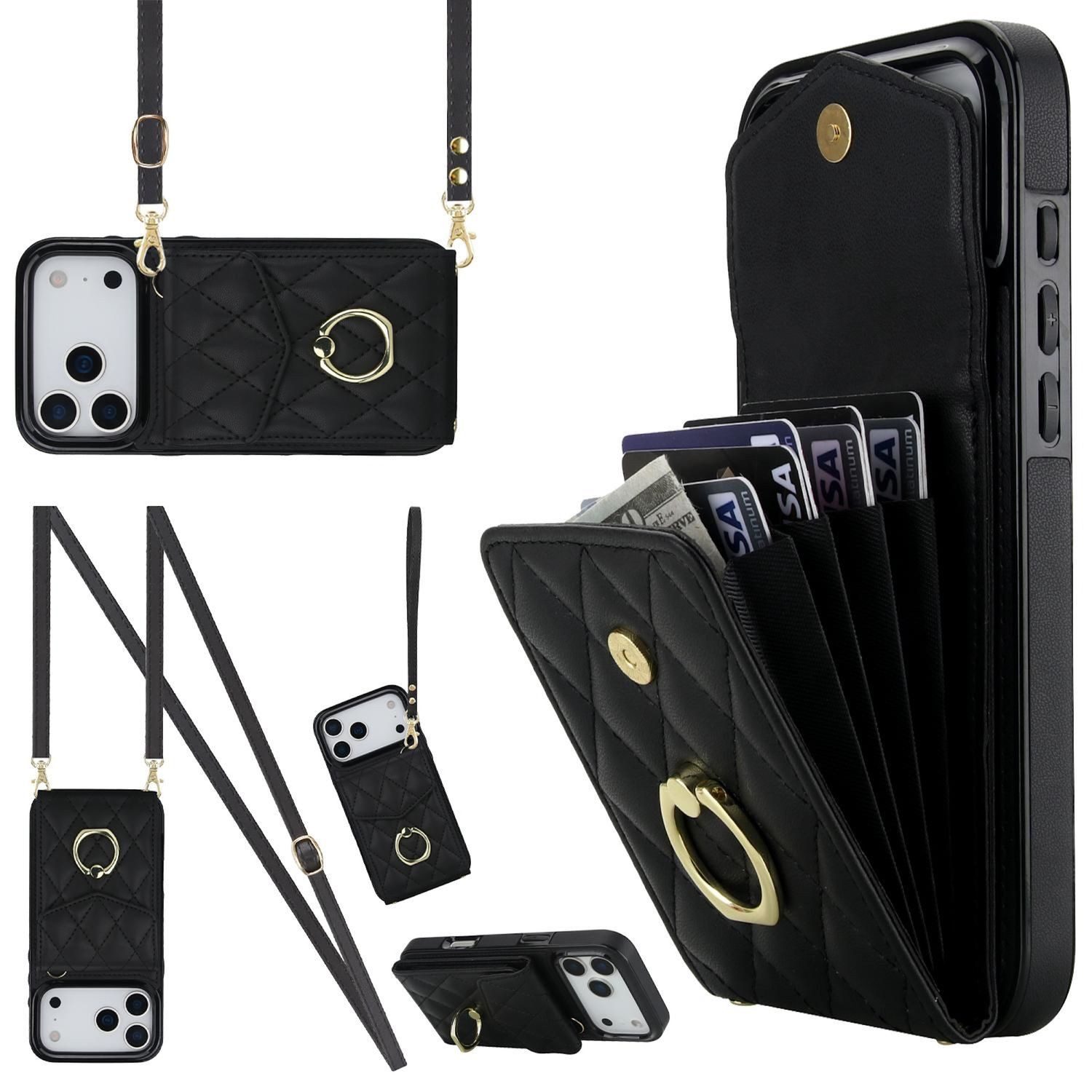 Wigento Handyhülle Für Apple iPhone 17 Pro Crossbody Kunstleder Rhombic Hülle Schwarz, Mit Kartenfächern, RFID-Schutz, Gurt