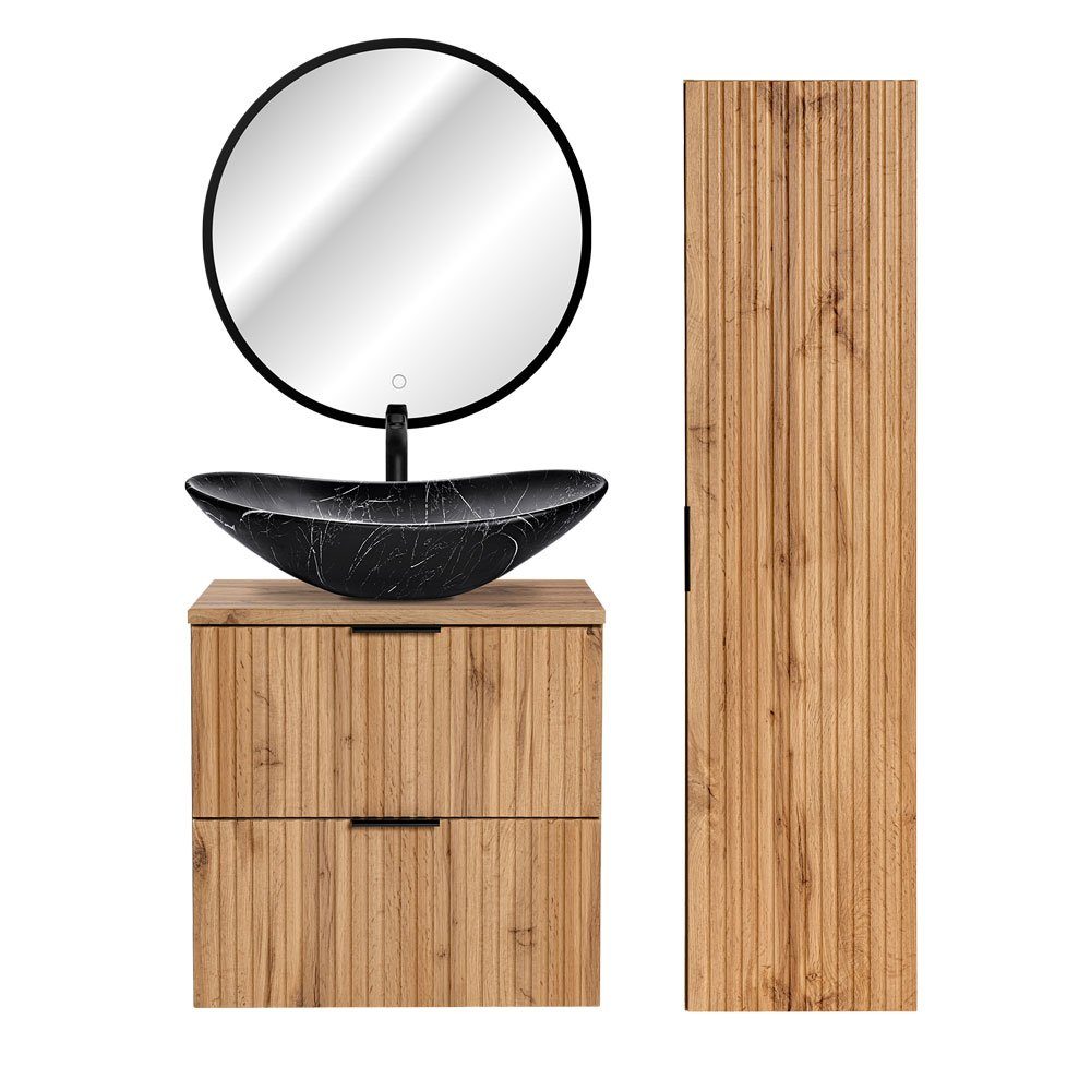 Lomadox Badmöbel-Set ADELAIDE-56, (Spar-Set, 3-St), Eiche Rillenoptik Spiegel Waschbeckenschrank Waschbecken Hochschrank