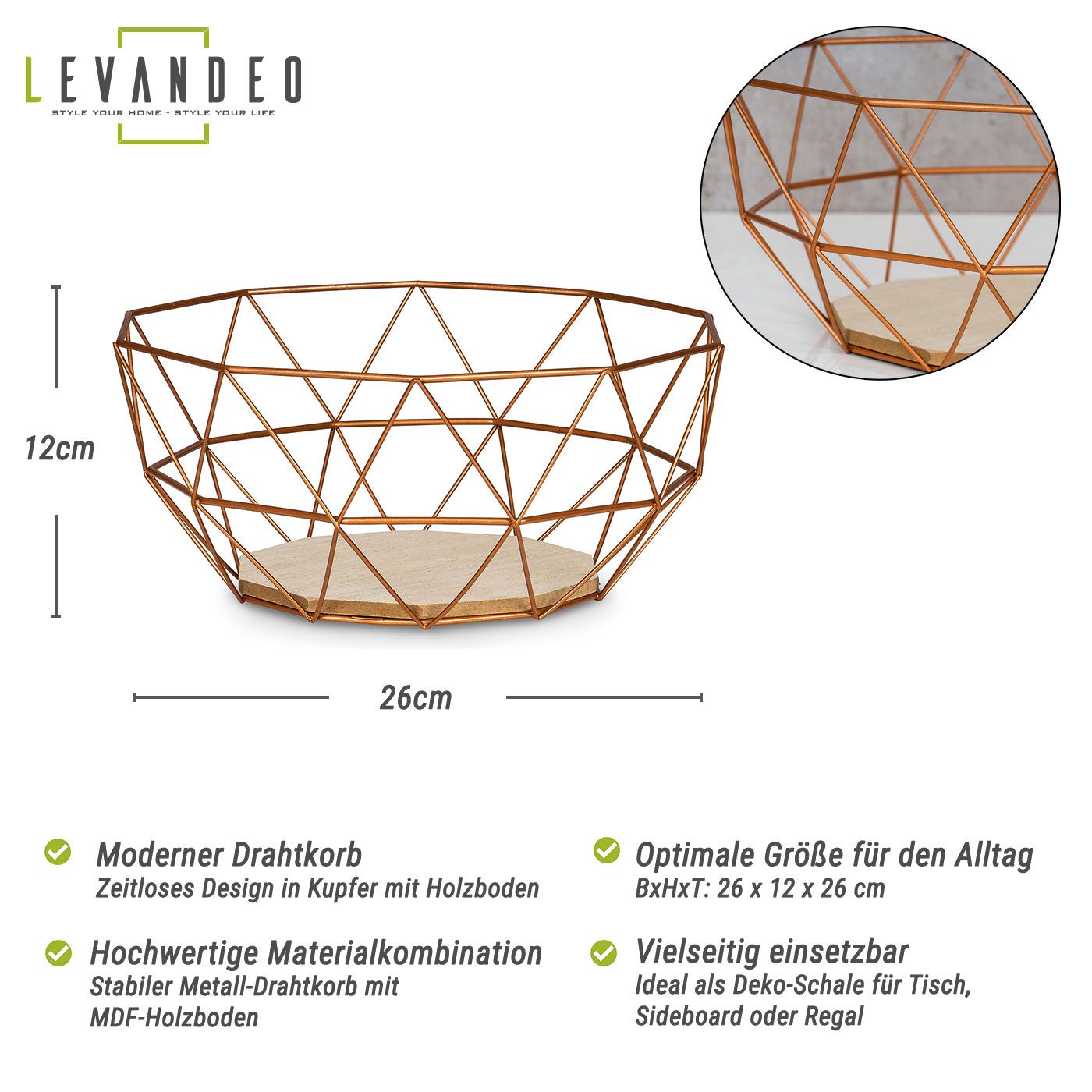 Levandeo® Dekoschale, Korb Metall Kupfer 26x12cm Modern Holz MDF Braun Schü günstig online kaufen