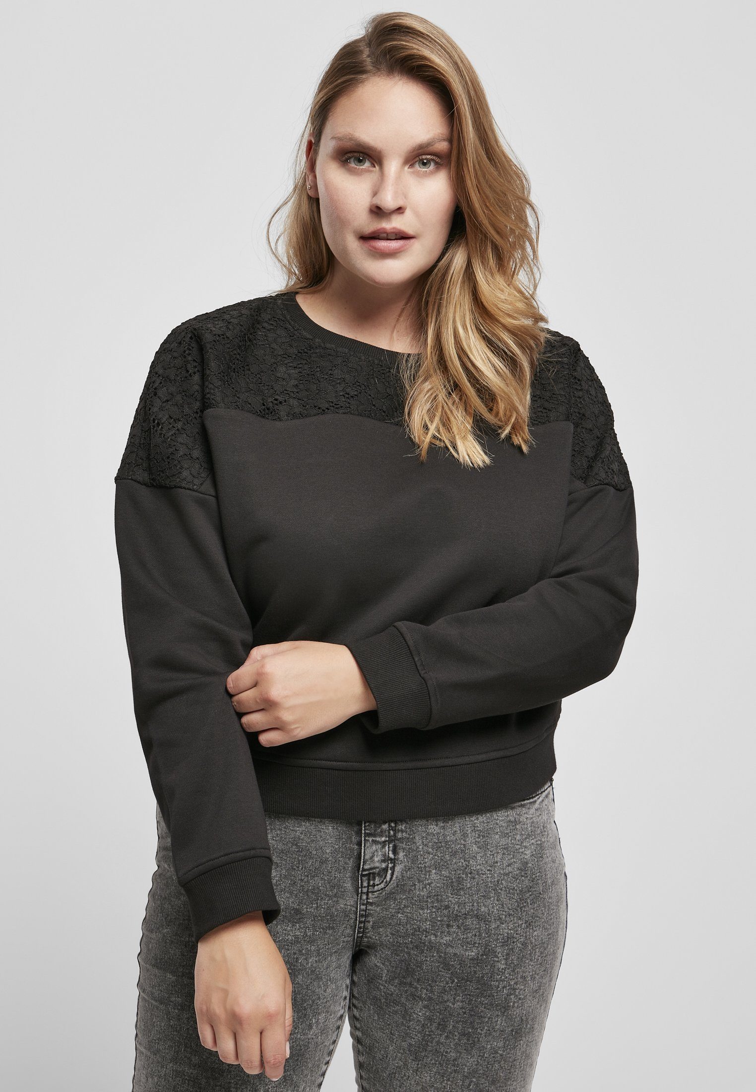 (1-tlg), CLASSICS Crew Damen Short Bündchen-/Rippstrick-Kragen Oversized URBAN Lace Inset Ladies Sweater