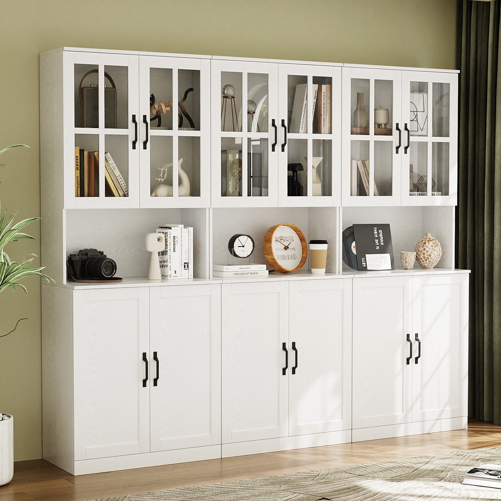 VOWNER Bücherregal mit Glastüren, offenem Fach & Arbeitsplatte – 5 Ebenen Hochschrank, 3-tlg., Vitrinenschrank Buffetschrank Standregal für Wohnzimmer & Büro