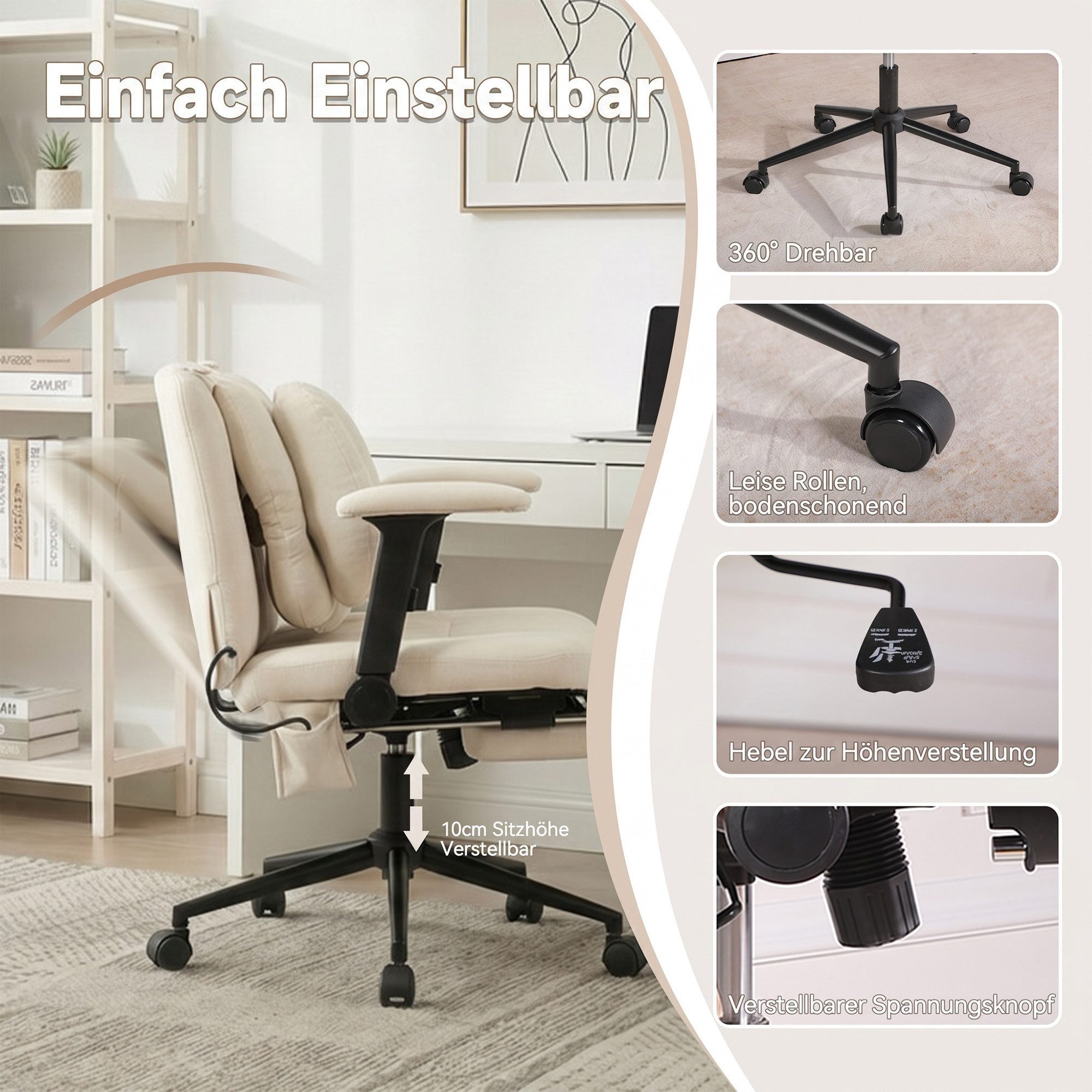 CANMOV Bürostuhl Bequemer Schreibtischstuhl mit Massage Kissen, ergonomischer Bürostuhl, mit Massagekissen, Fußstütze, klappbaren Armlehnen, 360° drehbar – Bild 3 von 5