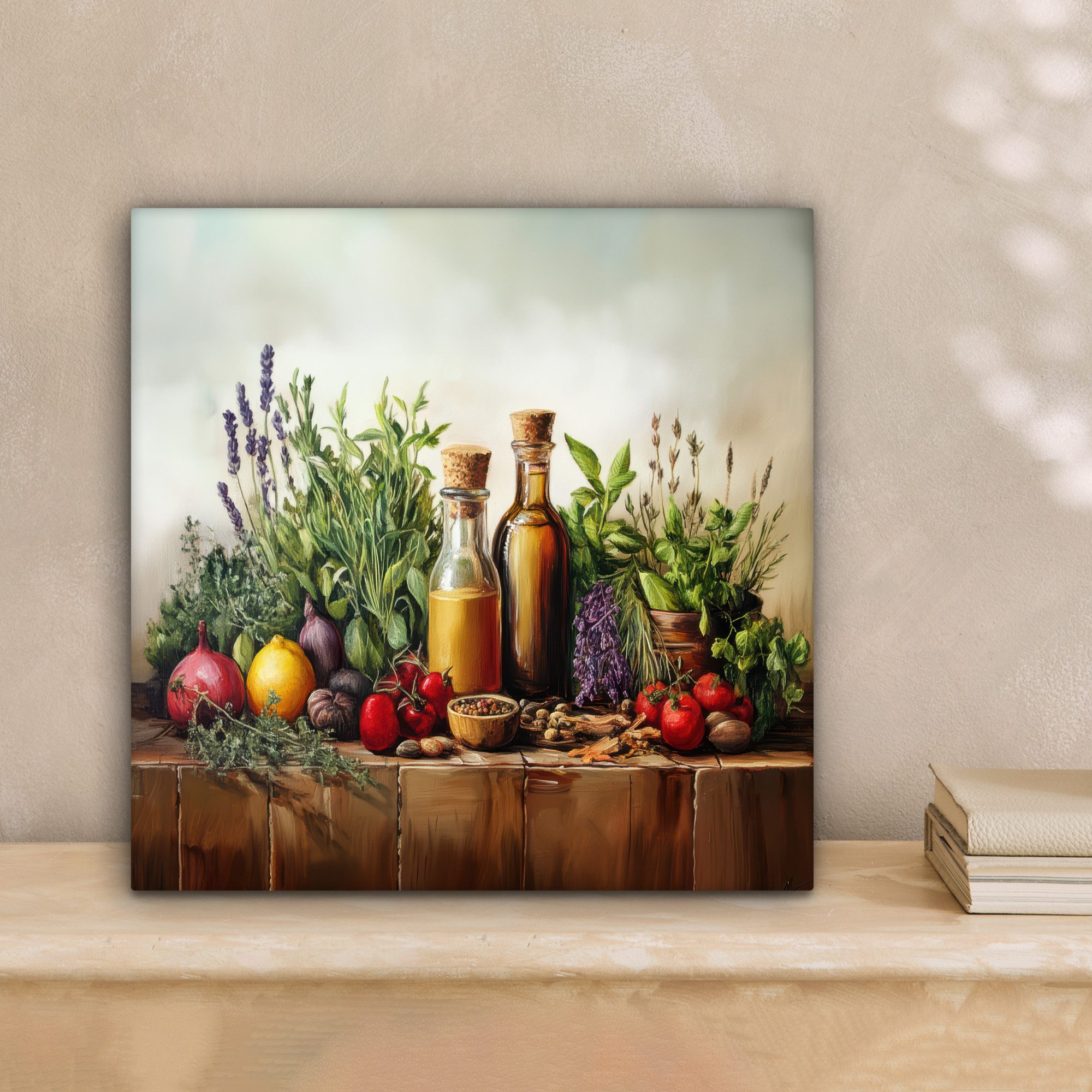 OneMillionCanvasses® Leinwandbild Stilleben - Kräuter - Gewürze - Früchte - Farbenfroh, Fotodruck (1 St), Wandbild, Deko Schlafzimmer Wohnzimmer Flur 20x20 cm