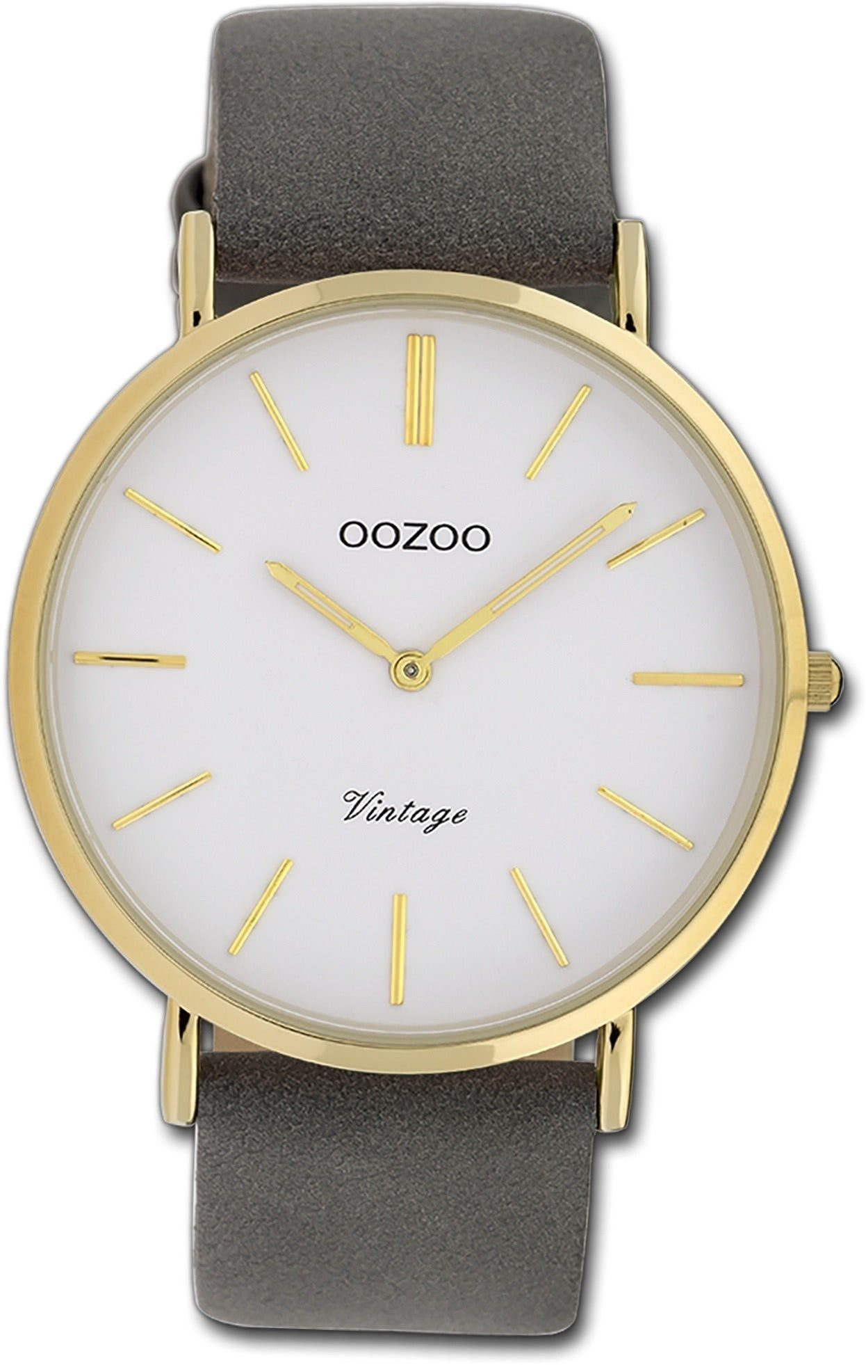 OOZOO Quarzuhr Oozoo Damen Armbanduhr Ultra Slim Leder, Damenuhr Lederarmband dunkelgrau, rundes Gehäuse, groß (ca. 40mm)